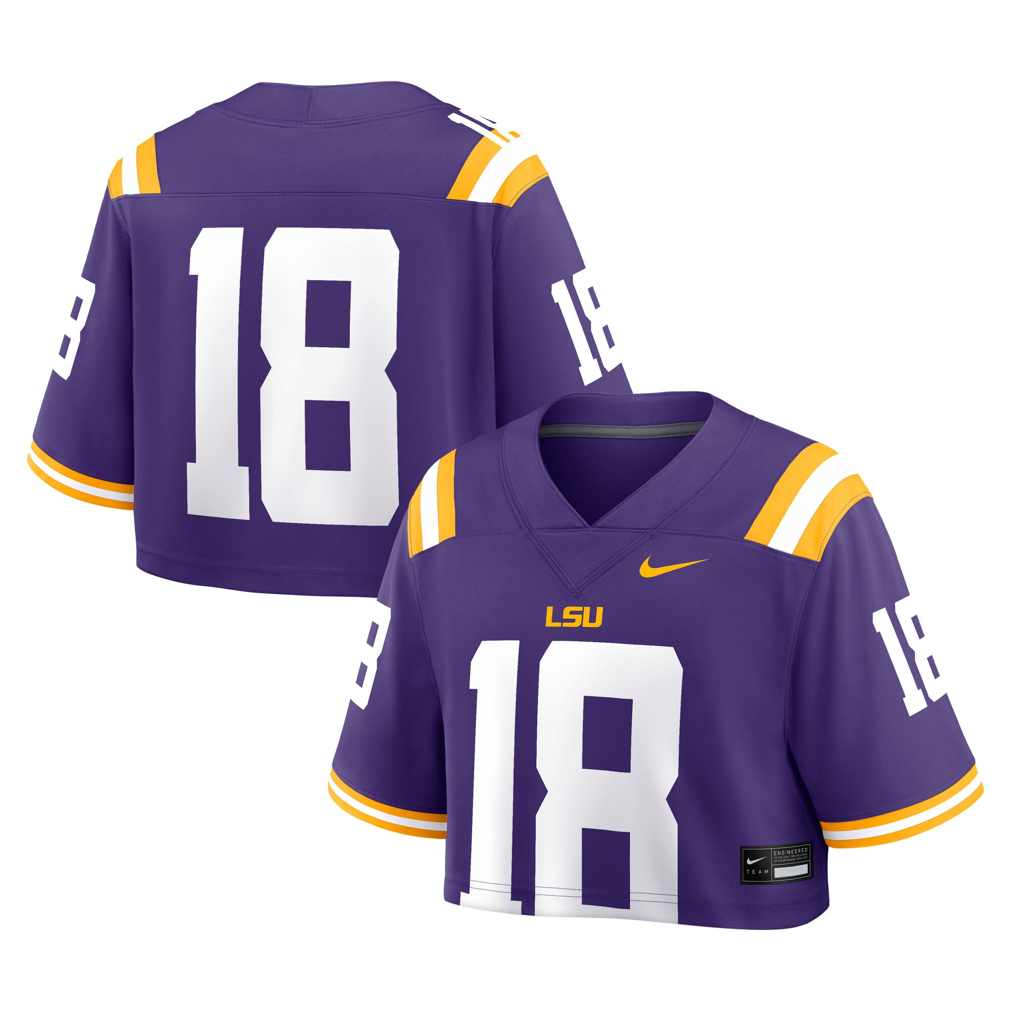 LSU Tigers Women's Crop Top Jersey Purple - front and back view