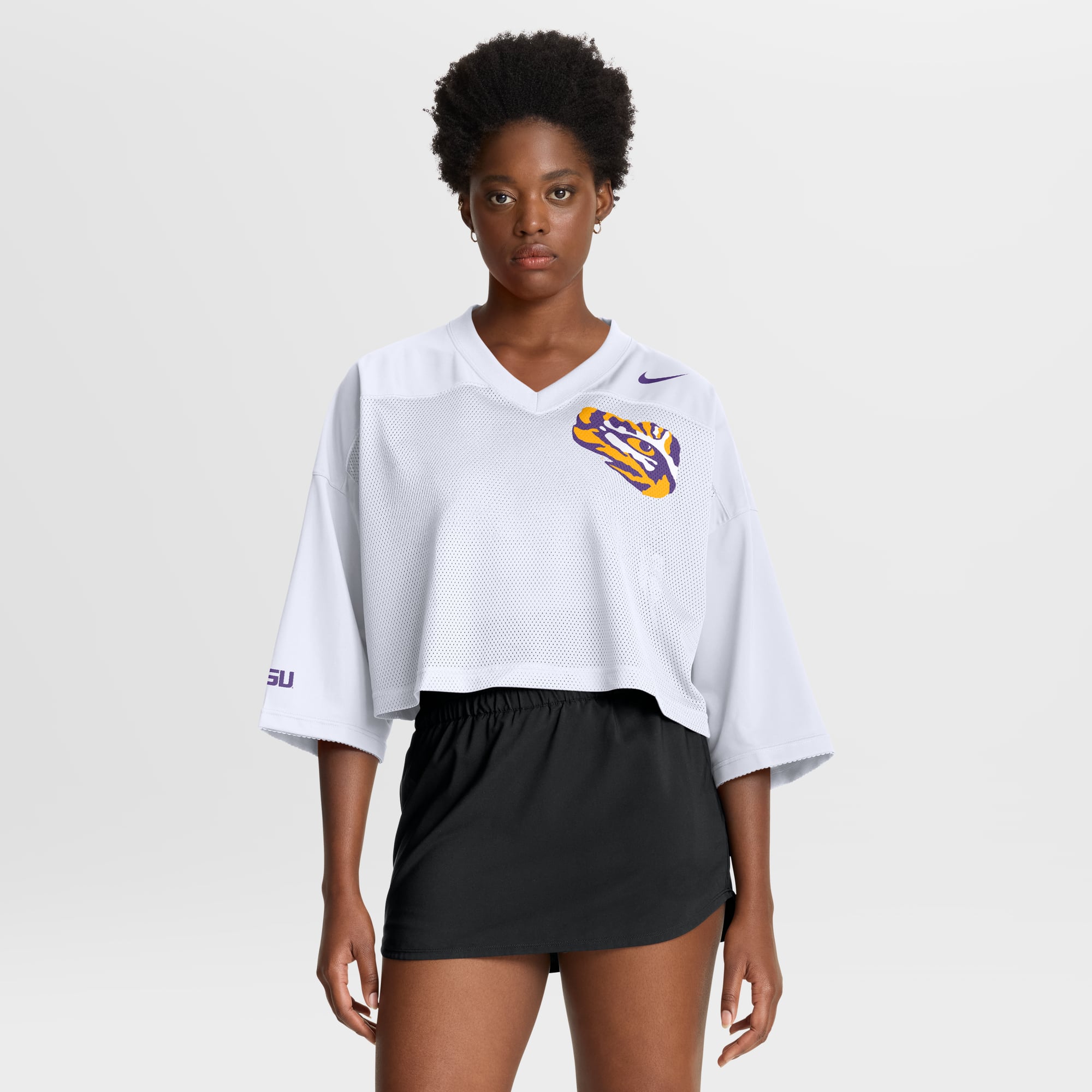 LSU Tigers Women's Cropped Mesh Fashion Jersey White - front and back view