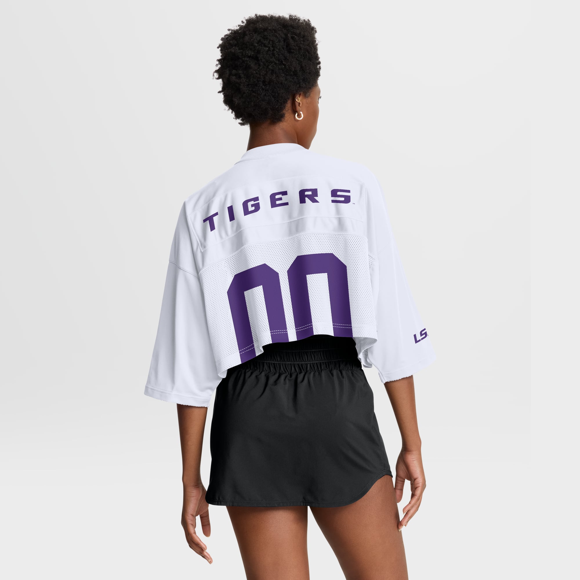 LSU Tigers Women's Cropped Mesh Fashion Jersey White - model back view