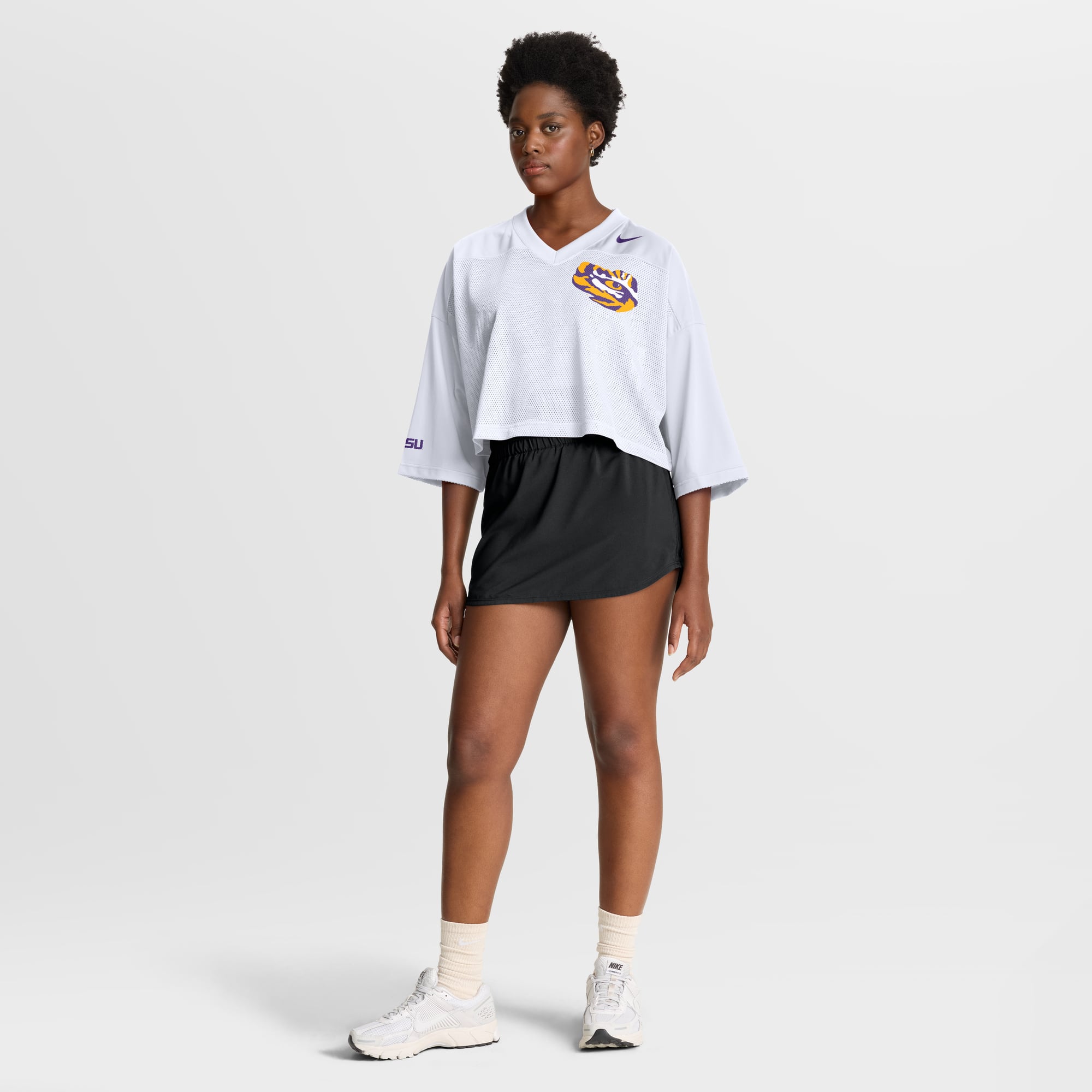 LSU Tigers Women's Cropped Mesh Fashion Jersey White - model side view