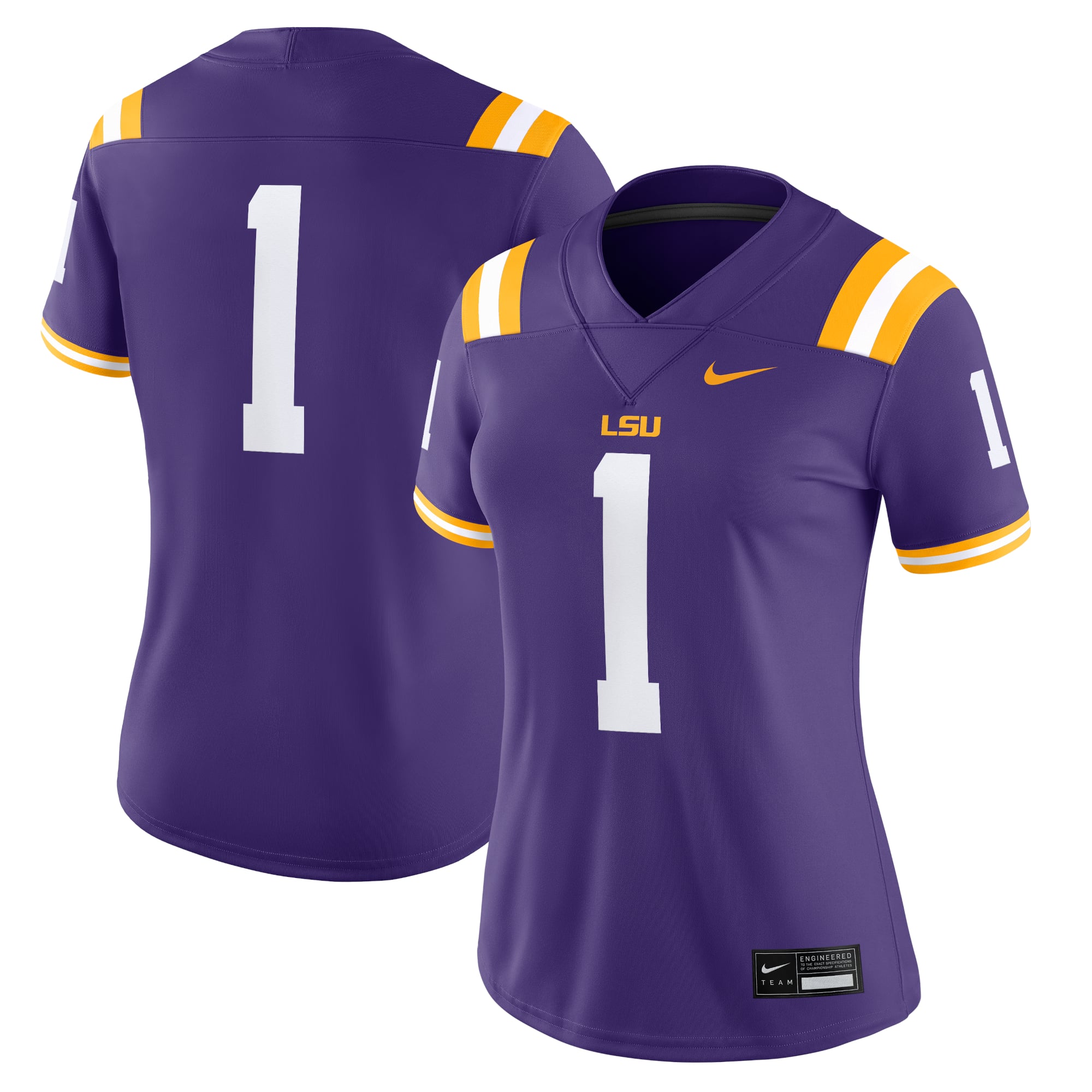 #1 LSU Tigers Women's Jersey Purple - front and back view