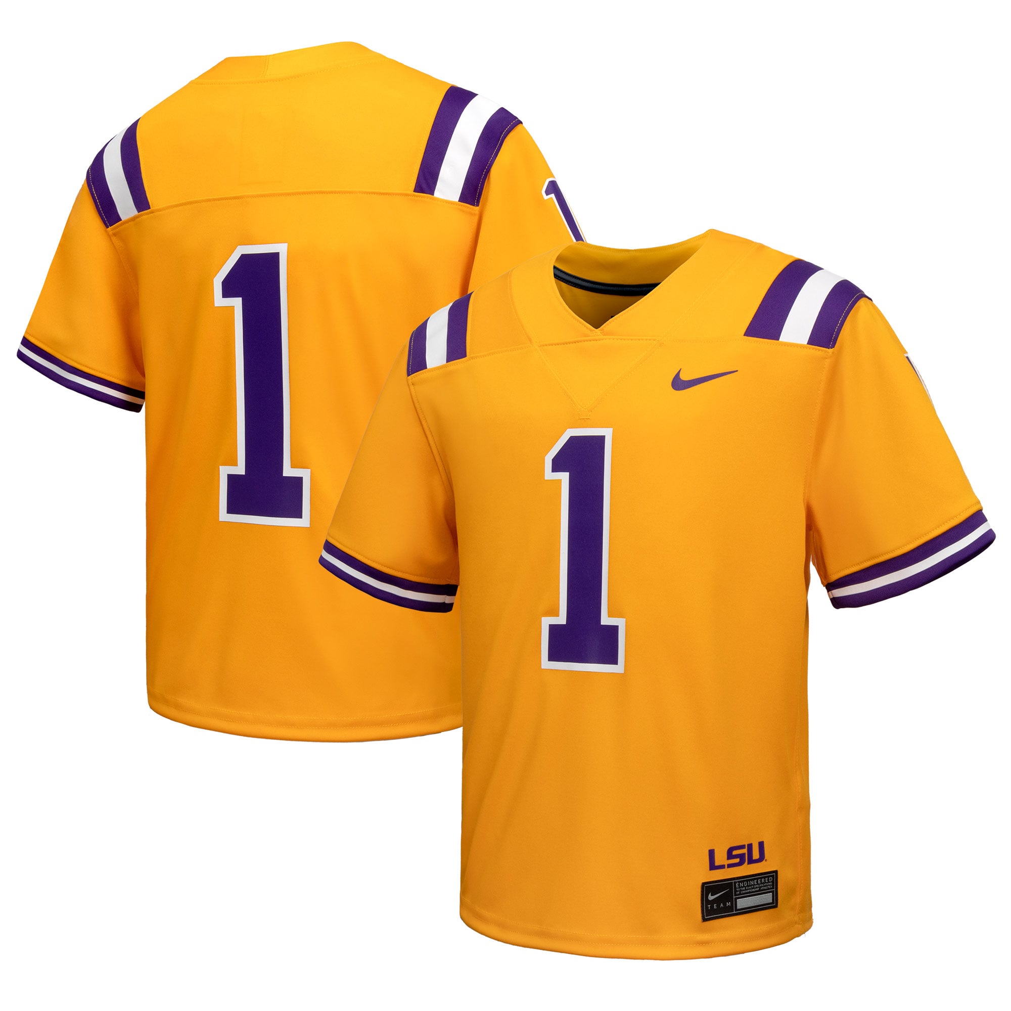 #1 LSU Tigers Youth Alternate Jersey Gold - front and back view