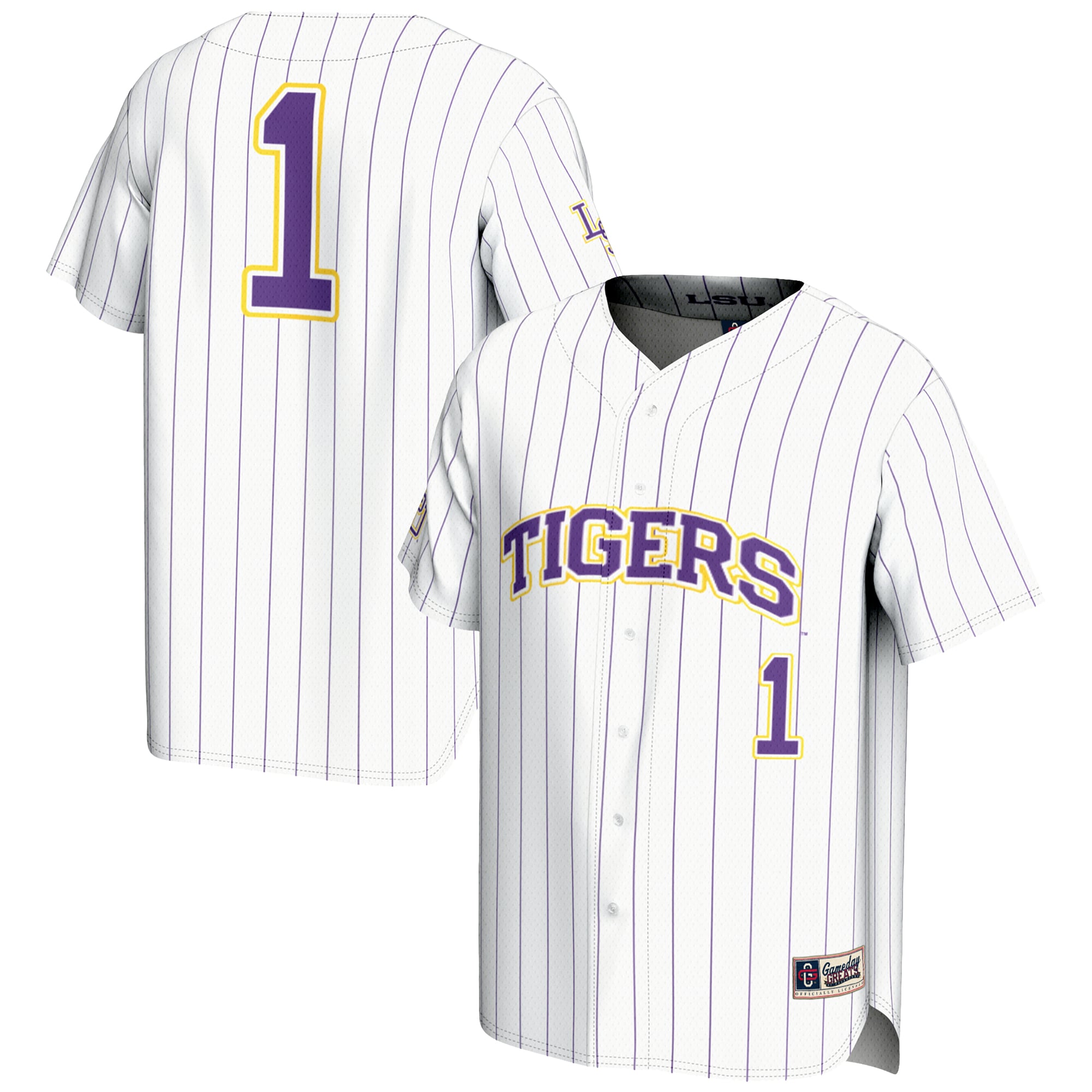 #1 LSU Tigers Youth Lightweight Baseball Jersey White - front and back view