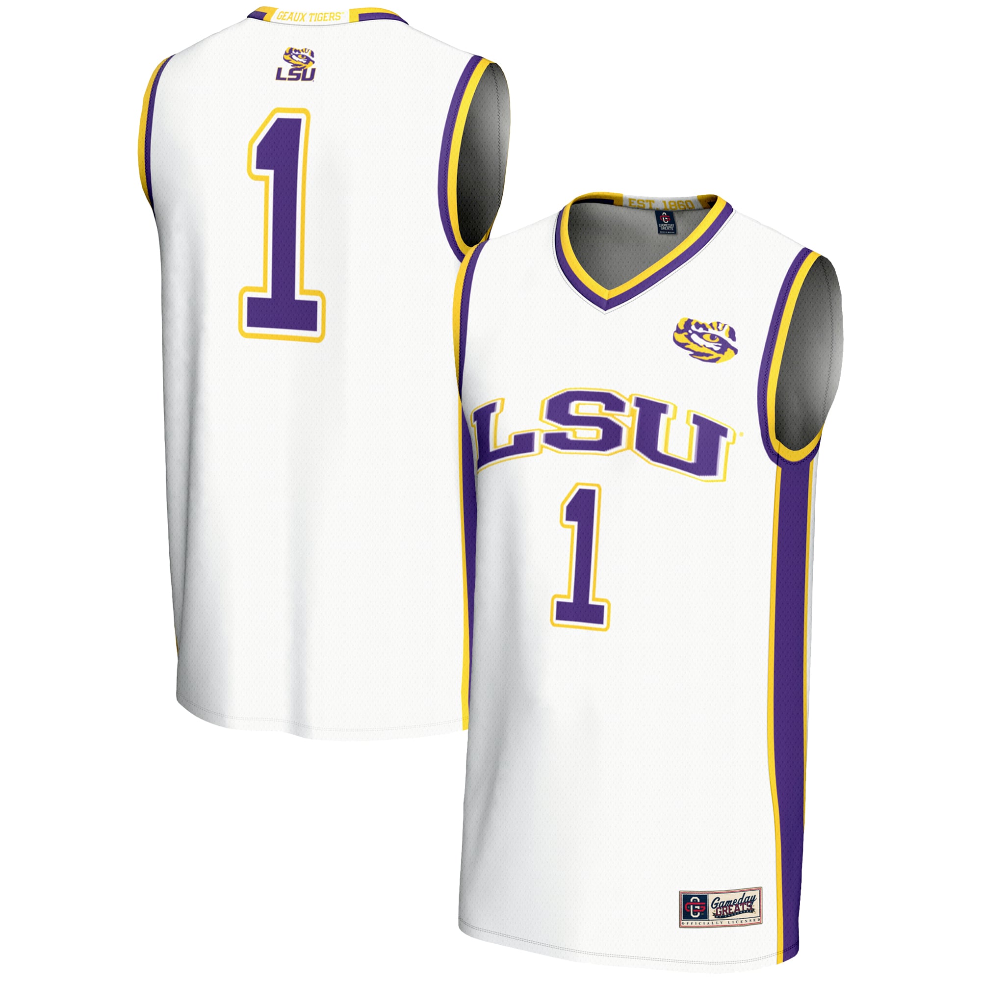 #1 LSU Tigers Youth Lightweight Basketball Jersey White - front and back view