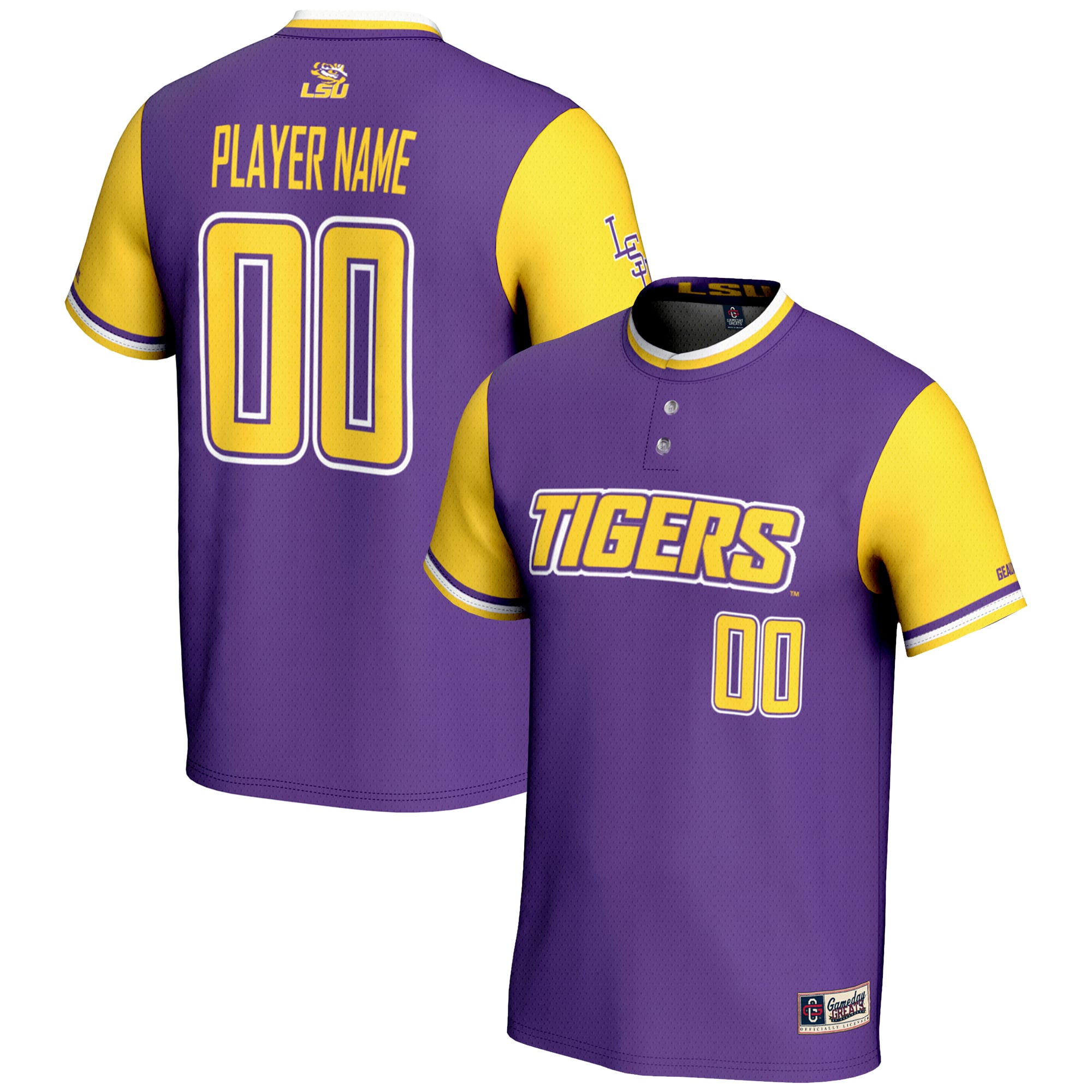 LSU Tigers Youth Lightweight Softball Jersey Purple - front and back view