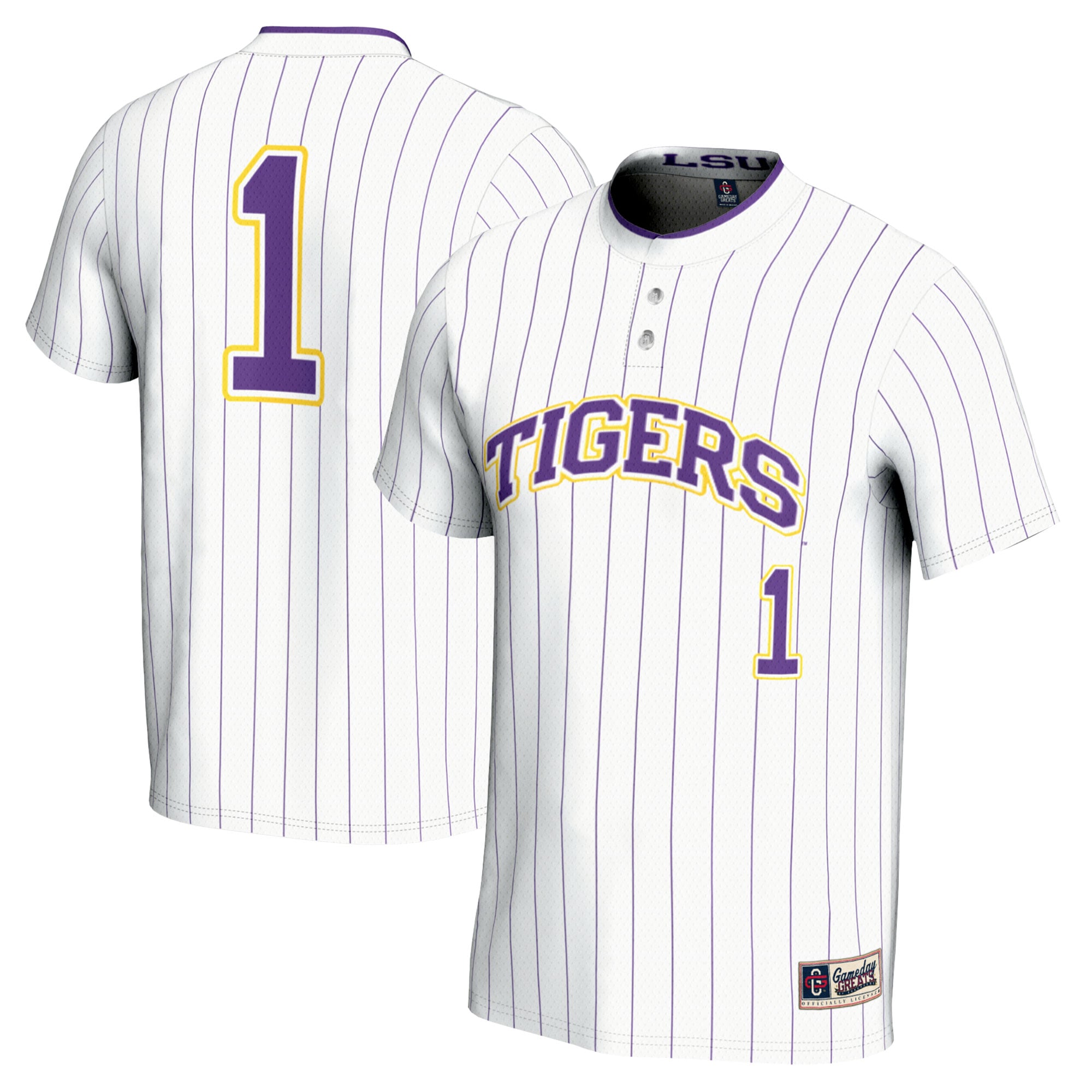 #1 LSU Tigers Youth Lightweight Softball Jersey White - front and back view