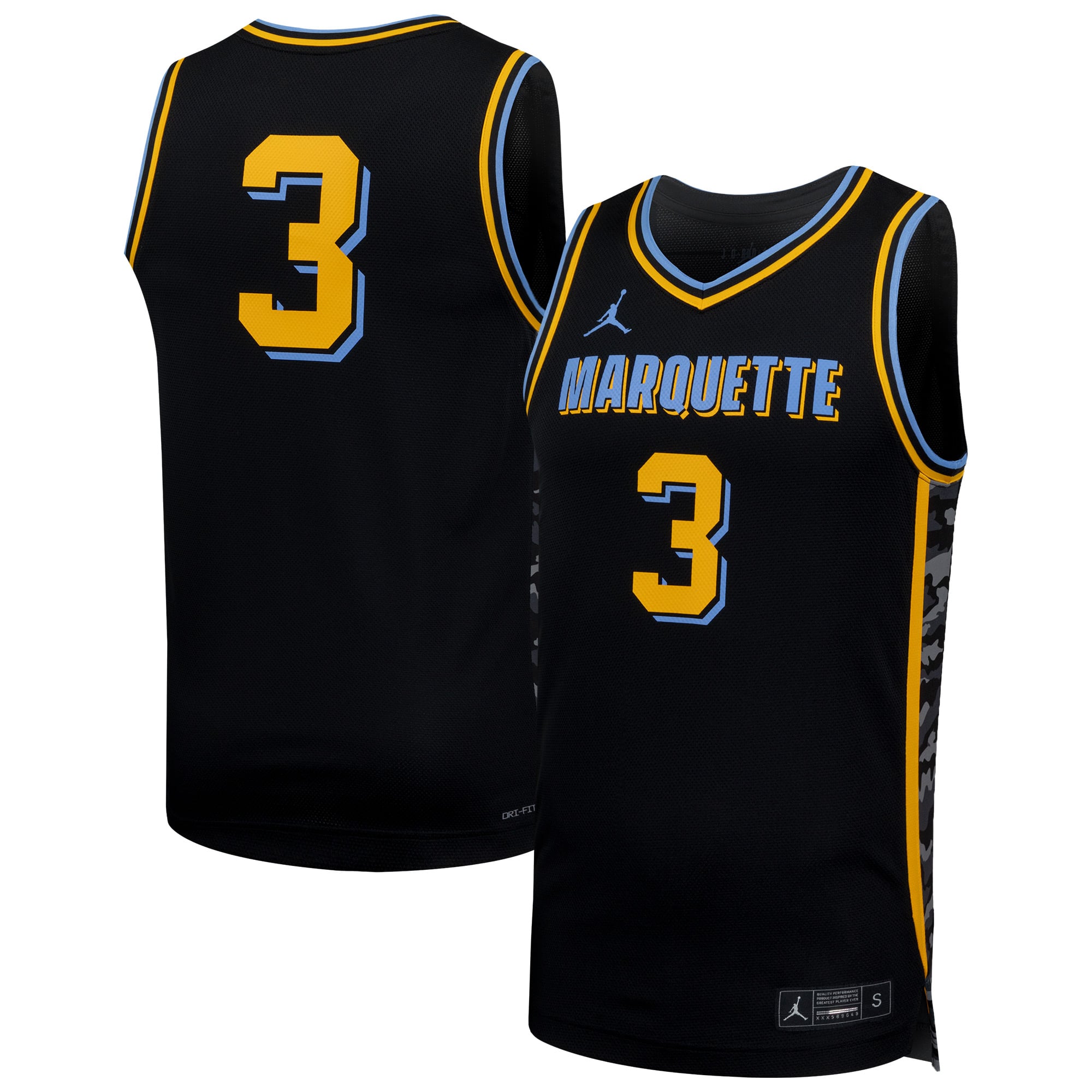 #3 Marquette Golden Eagles Basketball Jersey Black - front and back view