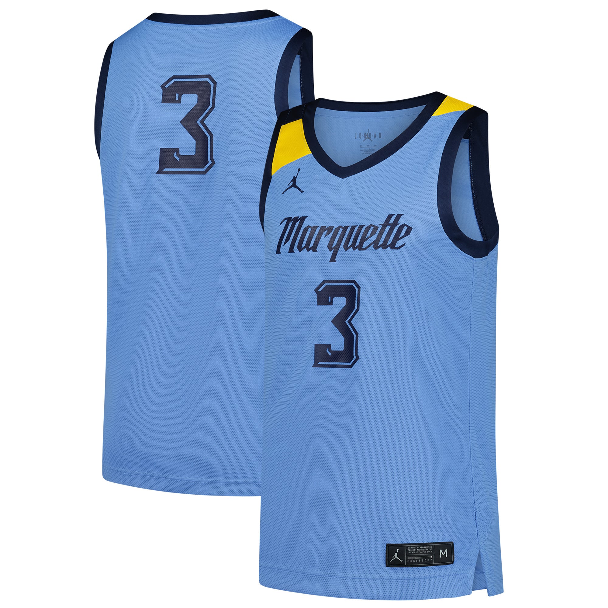 #3 Marquette Golden Eagles Basketball Jersey Blue - front and back view