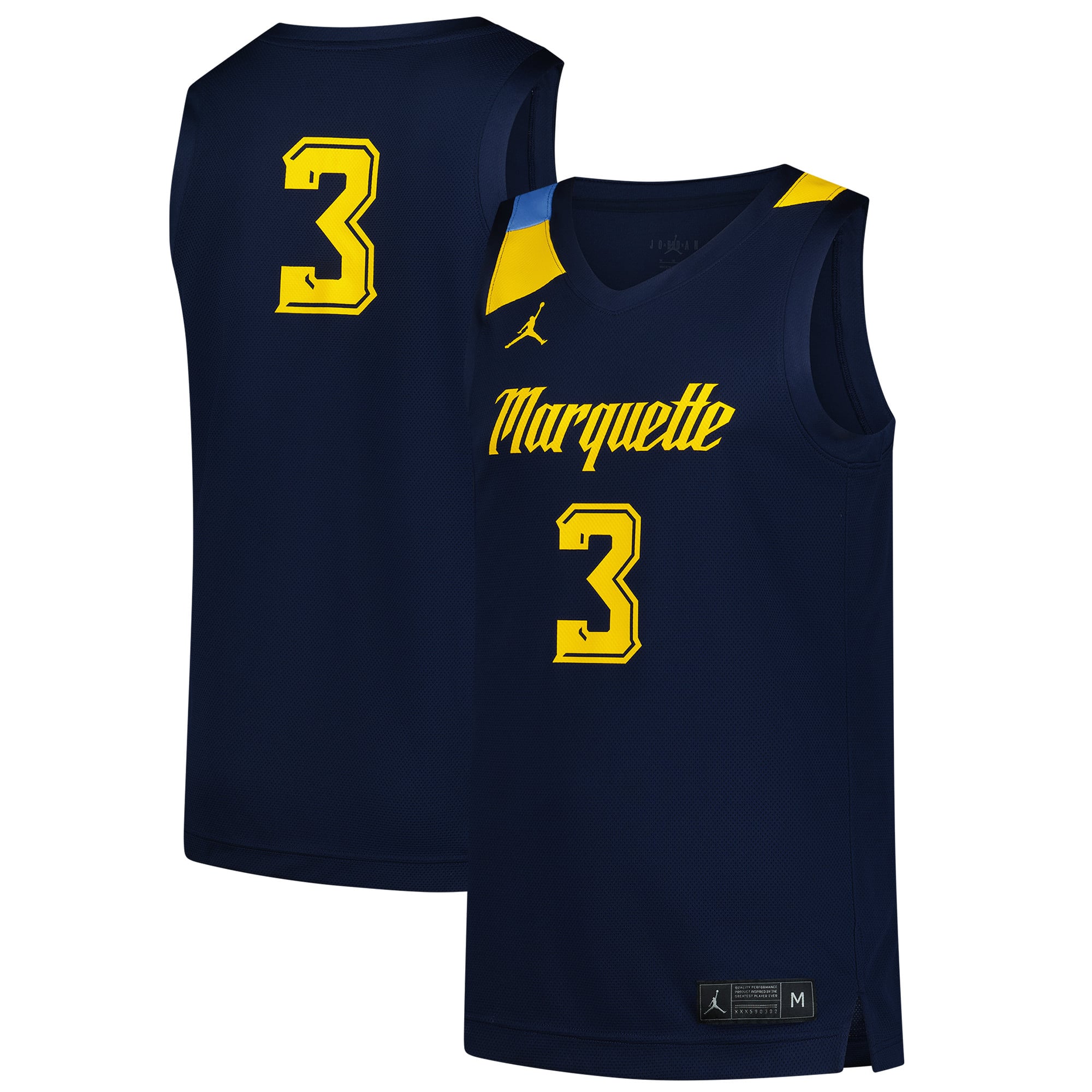 #3 Marquette Golden Eagles Basketball Jersey Navy - front and back view