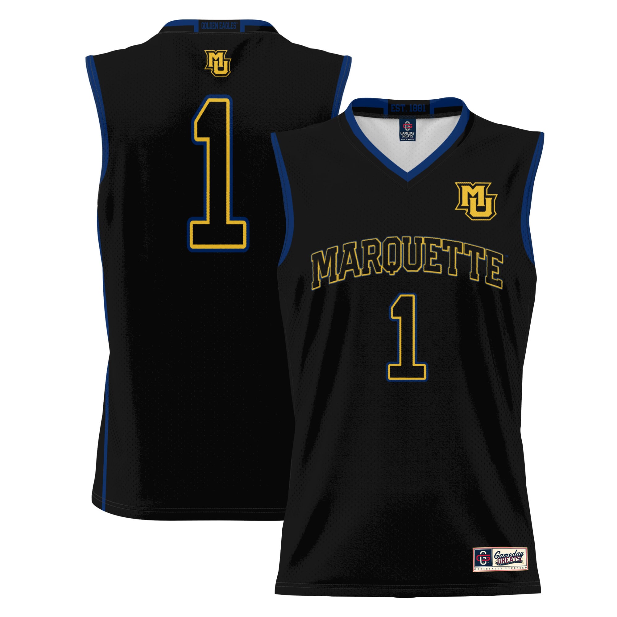 #1 Marquette Golden Eagles Lightweight Basketball Jersey Black - front and back view