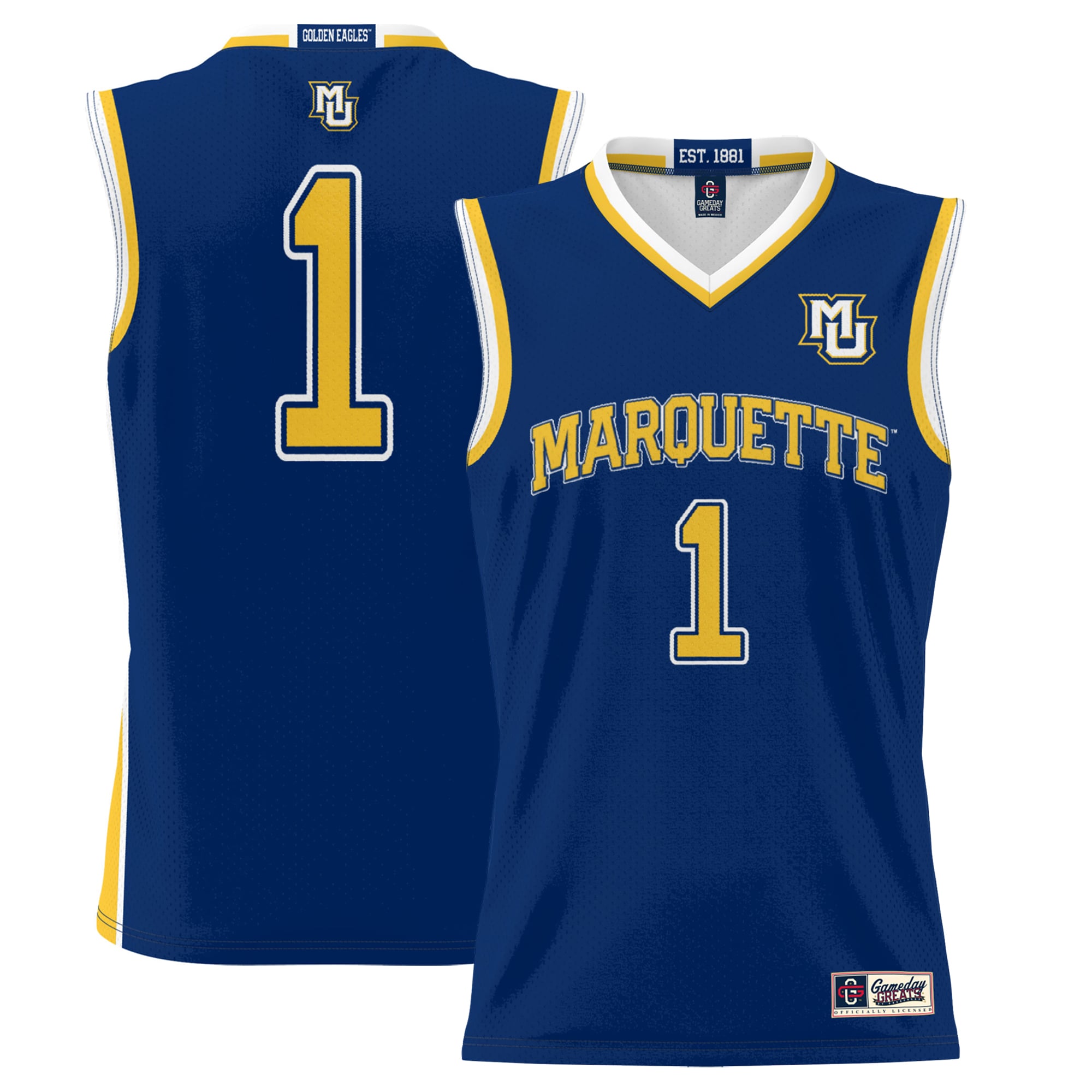 #1 Marquette Golden Eagles Lightweight Basketball Jersey Navy - front and back view
