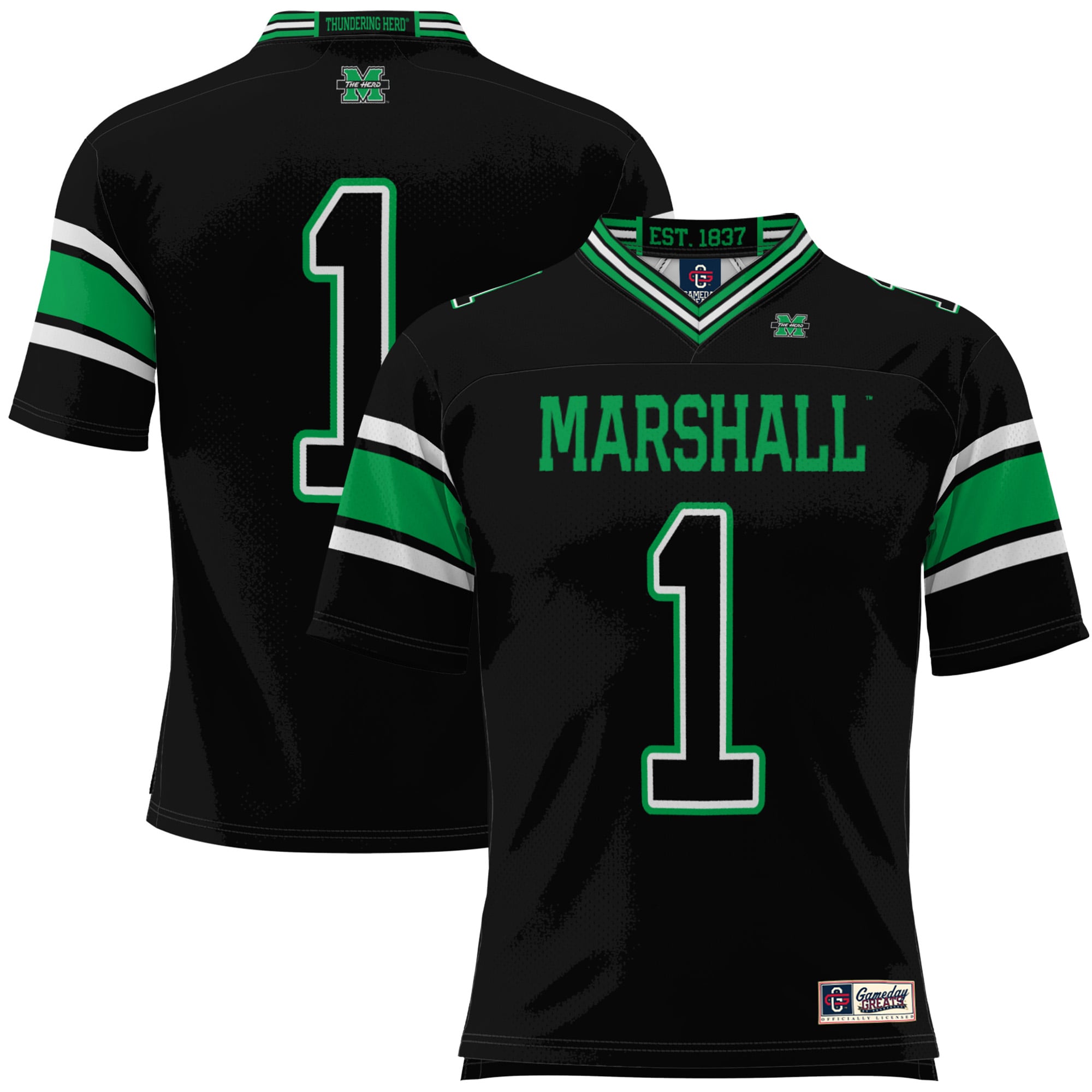 #1 Marshall Thundering Herd Youth Football Jersey Black - front and back view