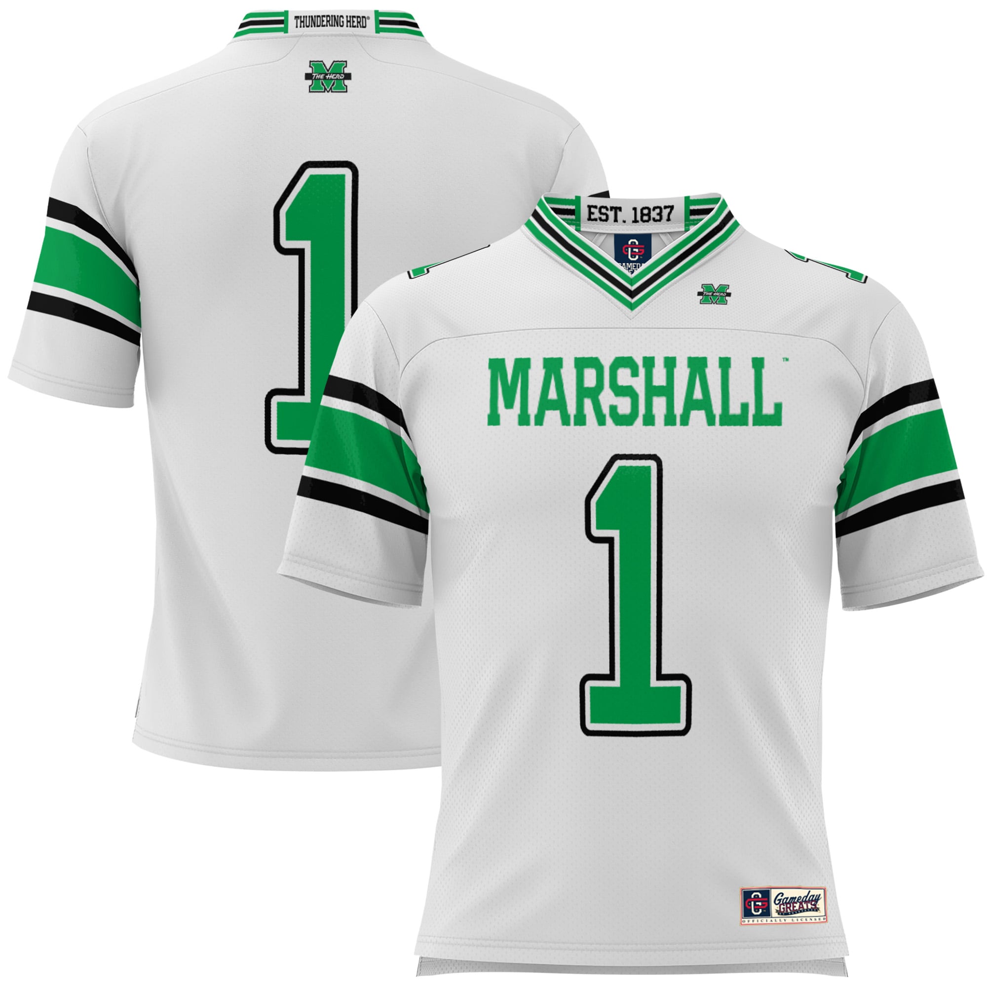 #1 Marshall Thundering Herd Youth Football Jersey White - front and back view
