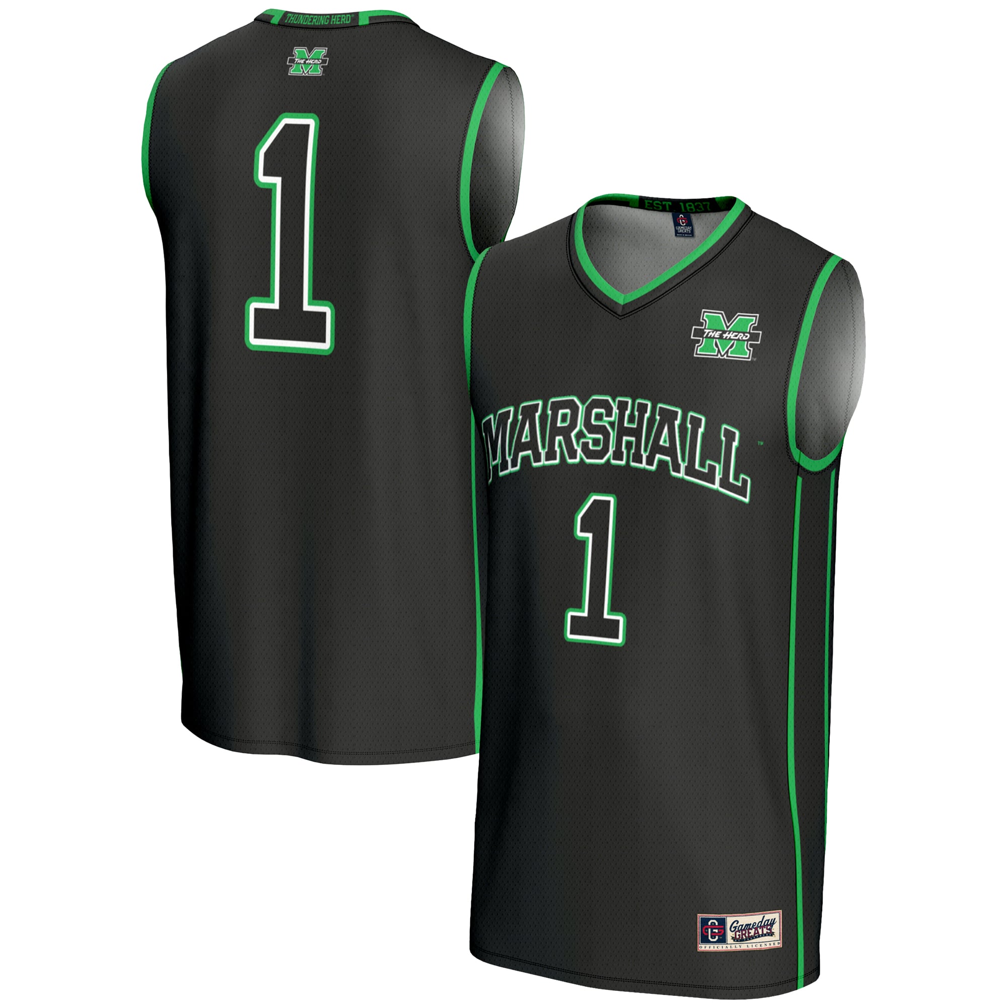 #1 Marshall Thundering Herd Lightweight Basketball Jersey Black - front and back view
