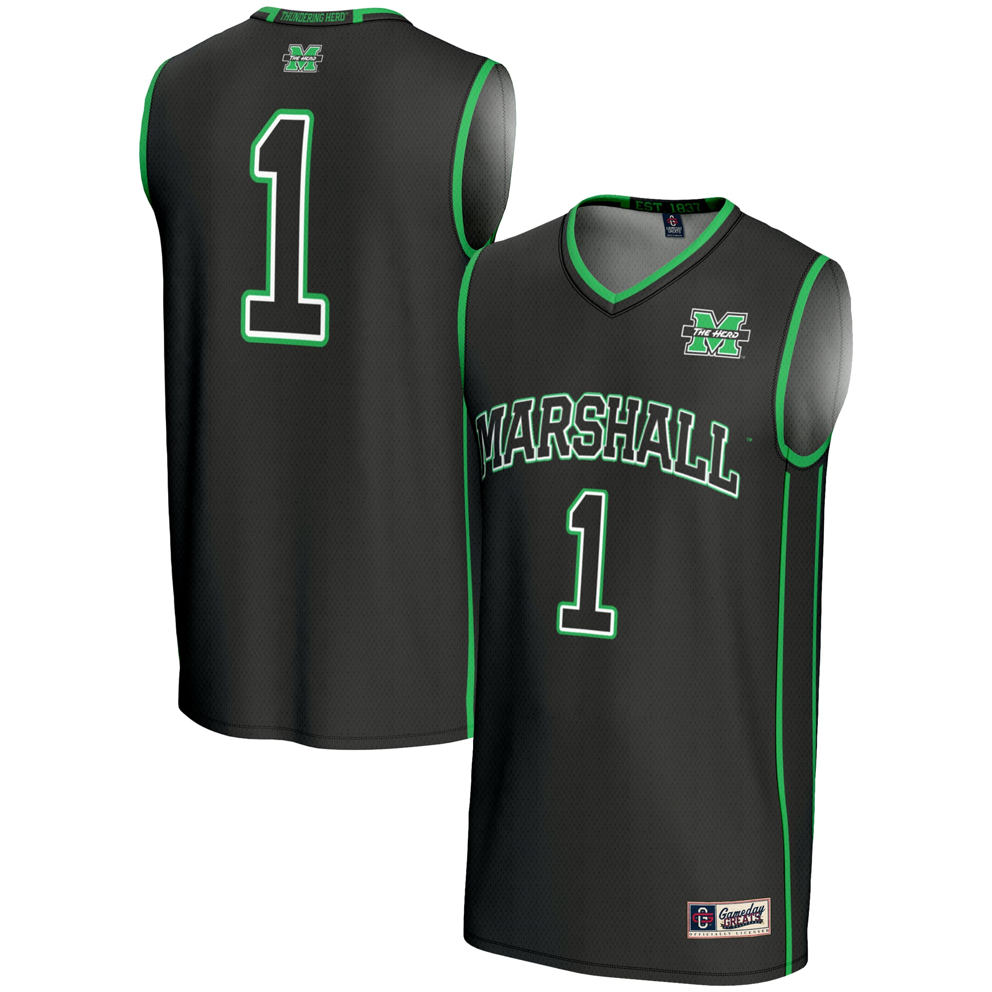 #1 Marshall Thundering Herd Youth Lightweight Basketball Jersey Black - front and back view