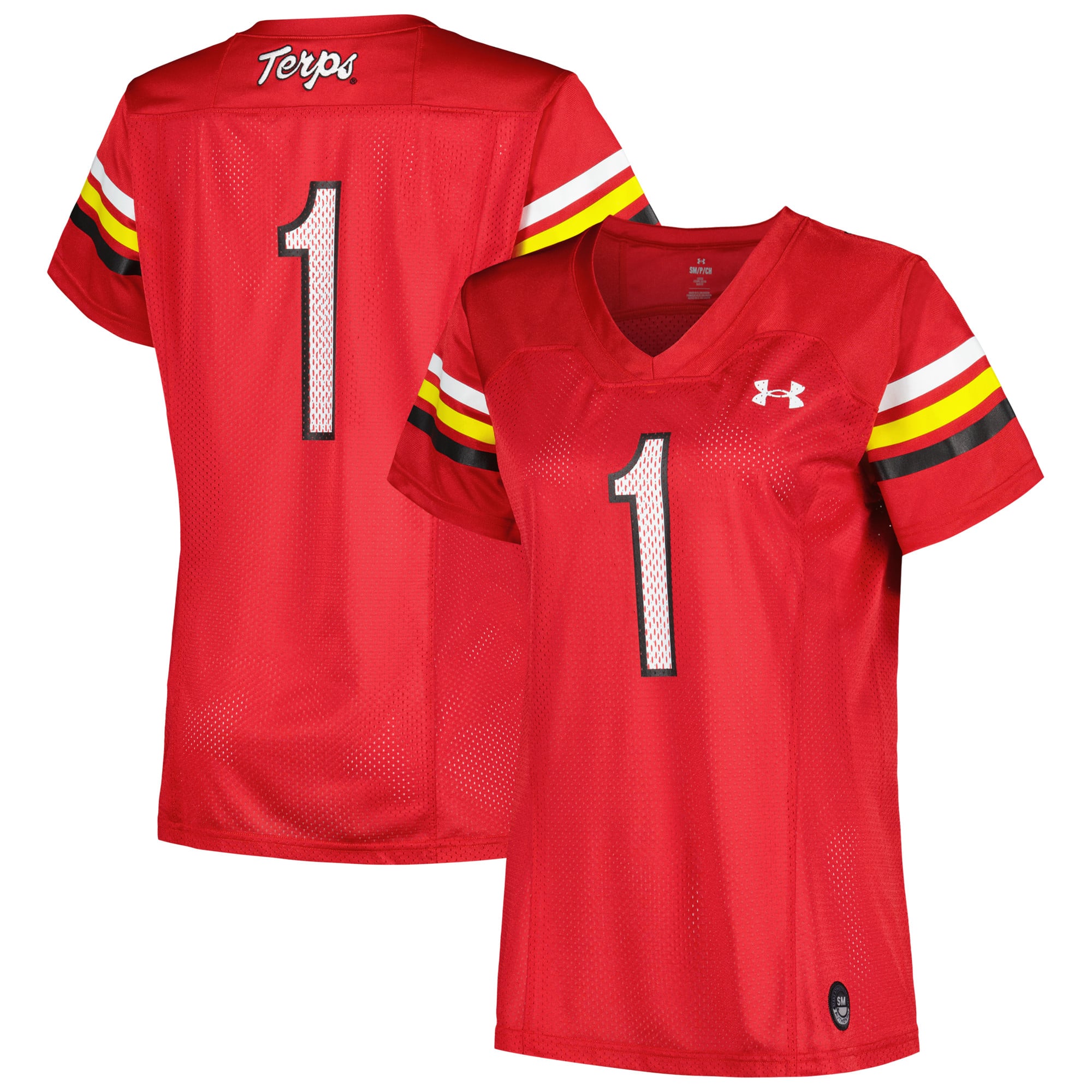 #1 Maryland Terrapins Women's Football Jersey Red - front and back view