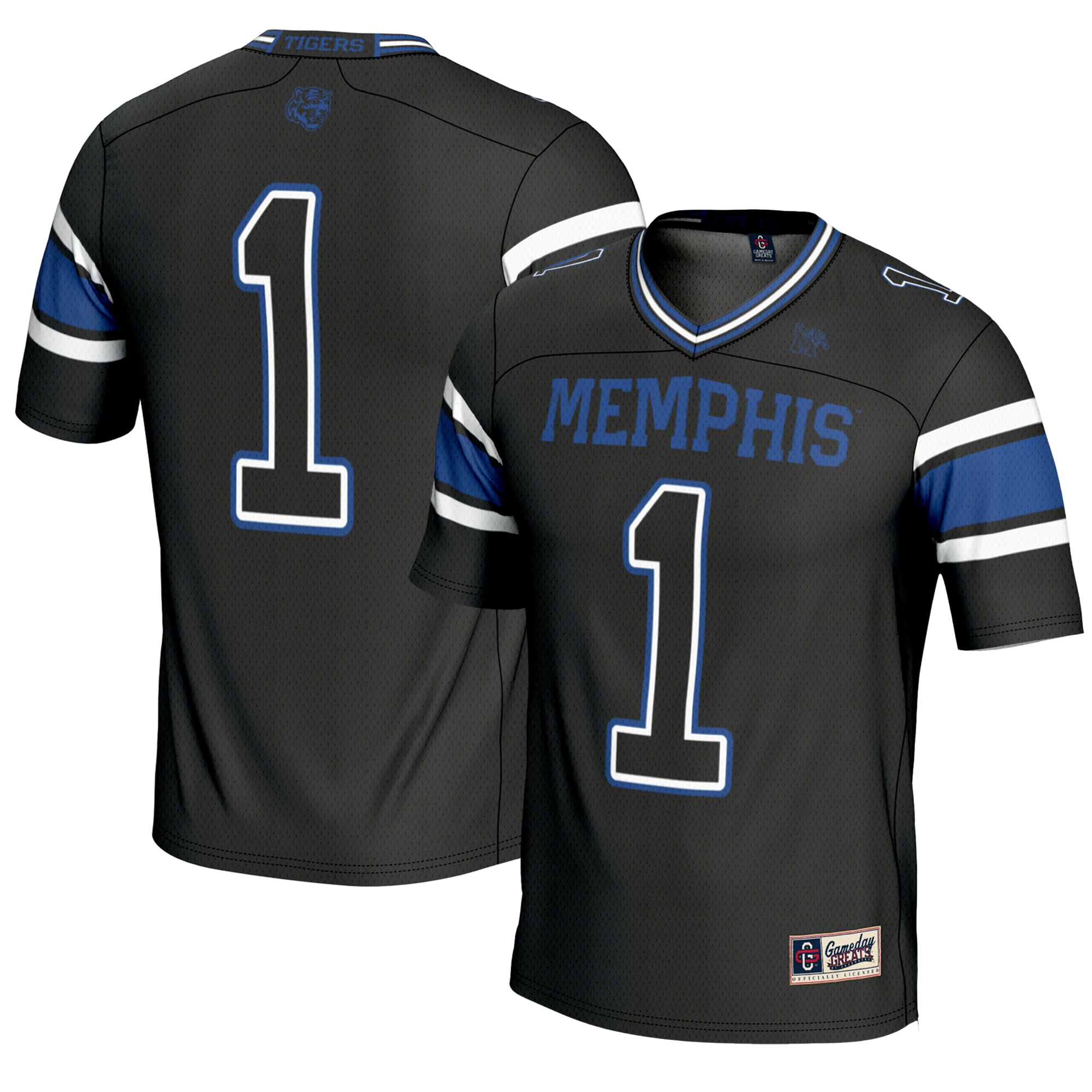 #1 Memphis Tigers Endzone Football Jersey Black - front and back view