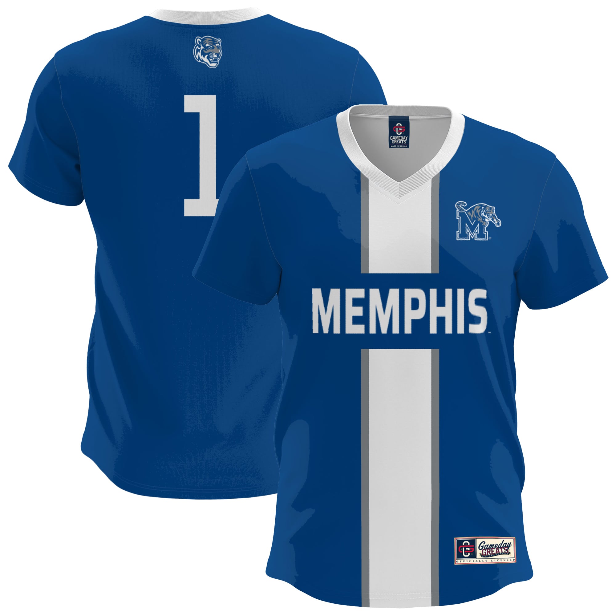 Memphis Tigers Youth Lightweight Soccer Fashion Jersey Royal - front and back view