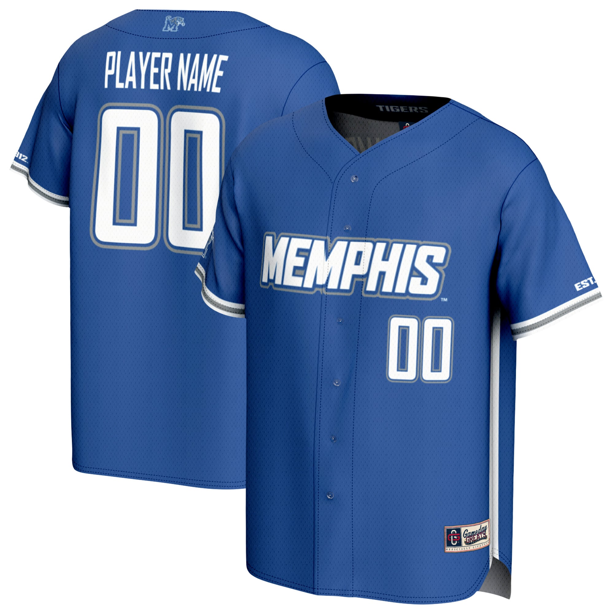 Memphis Tigers Unisex Lightweight Collegiate Baseball Fashion Jersey Royal - front and back view