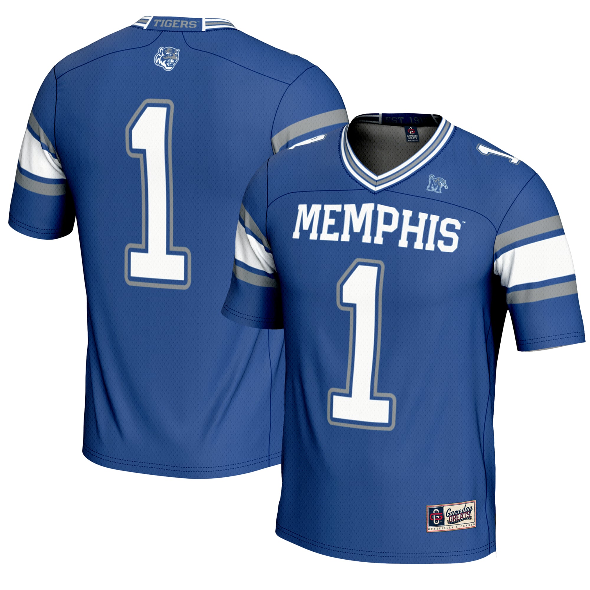 #1 Memphis Tigers Youth Endzone Football Jersey Royal - front and back view