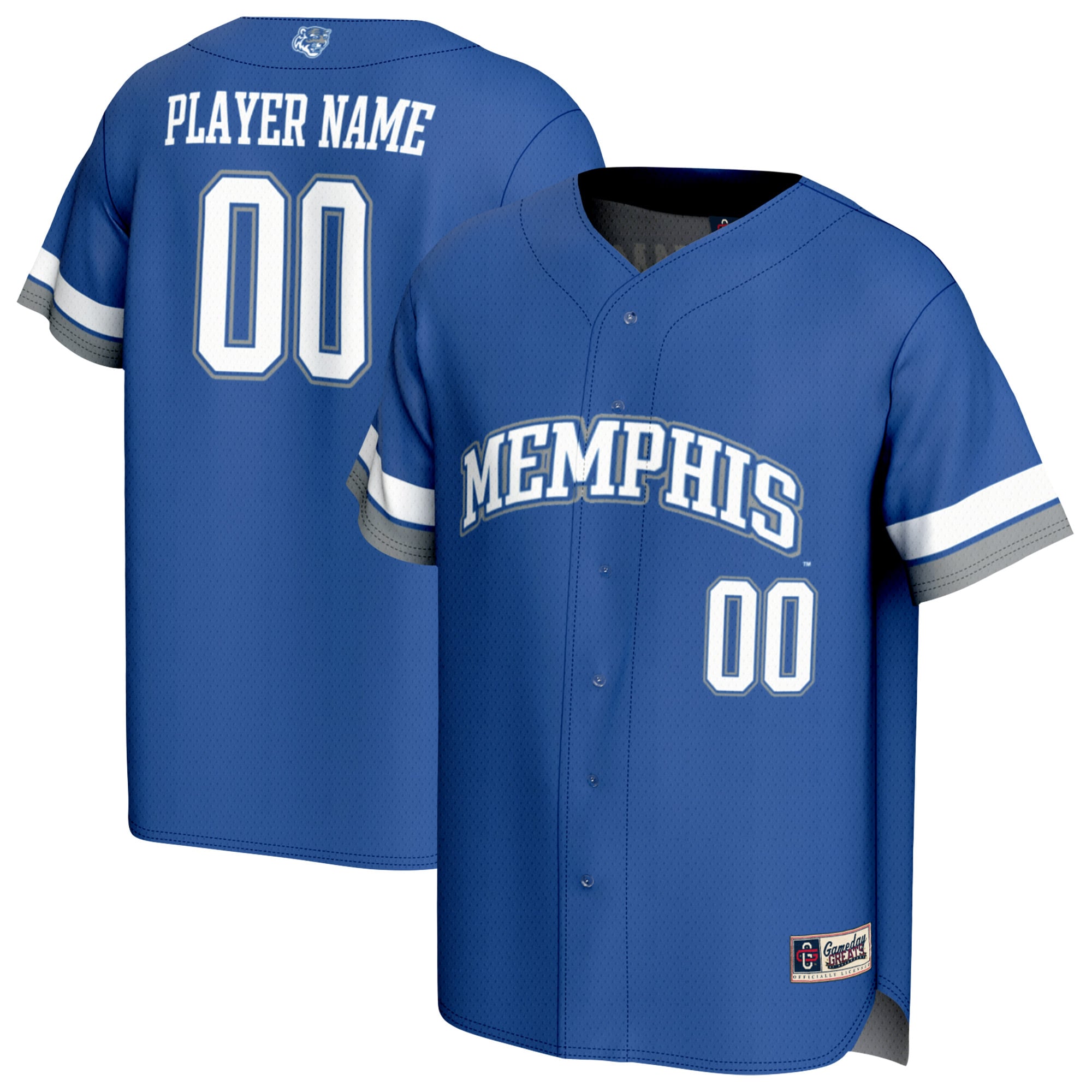Memphis Tigers Youth Lightweight Collegiate Baseball Fashion Jersey Royal - front and back view