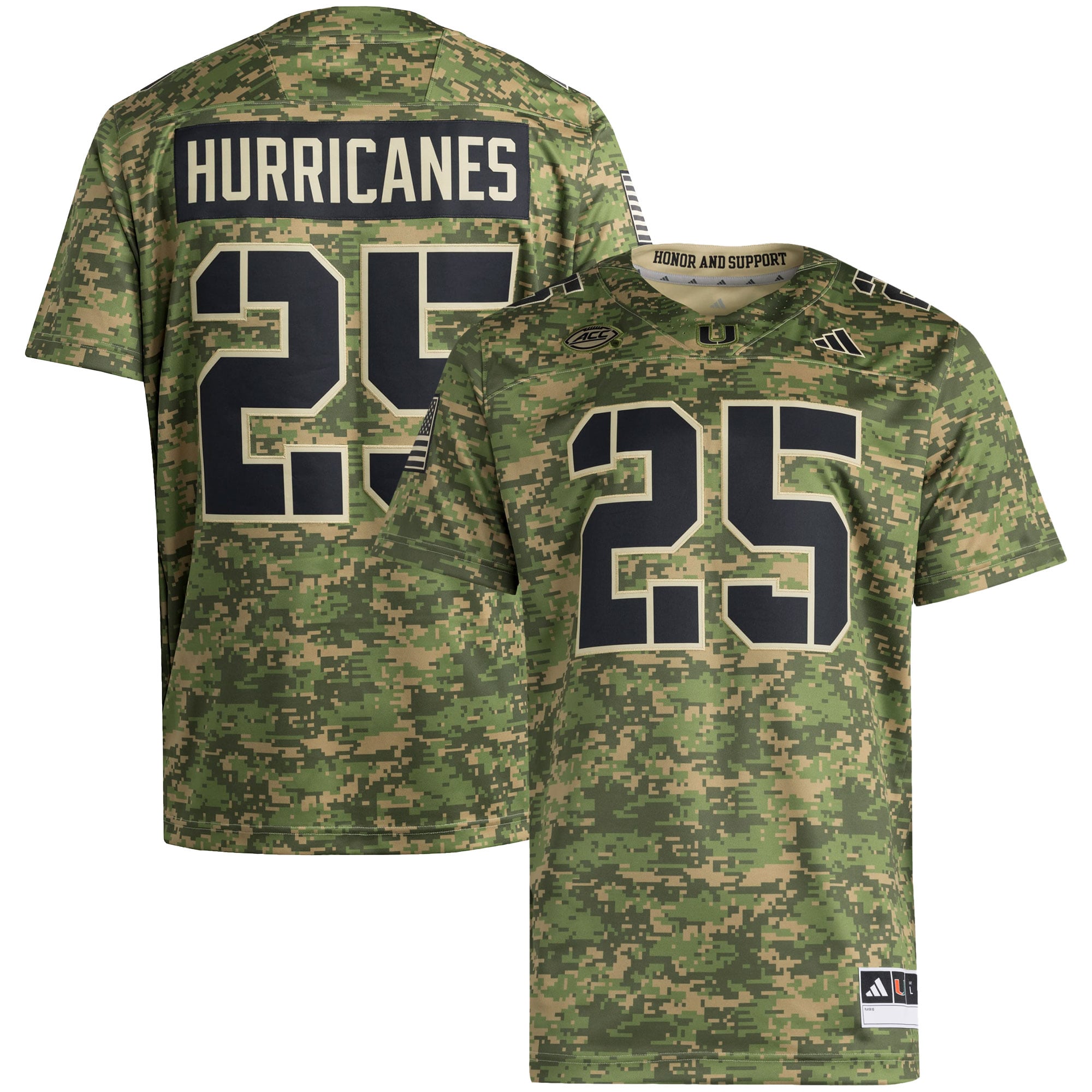 #25 Miami Hurricanes Honor & Support Strategy Jersey Camo - front and back view
