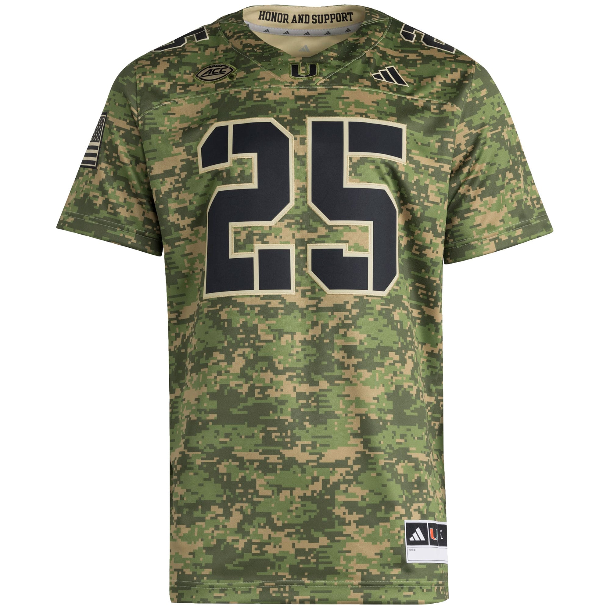 #25 Miami Hurricanes Honor & Support Strategy Jersey Camo - front view