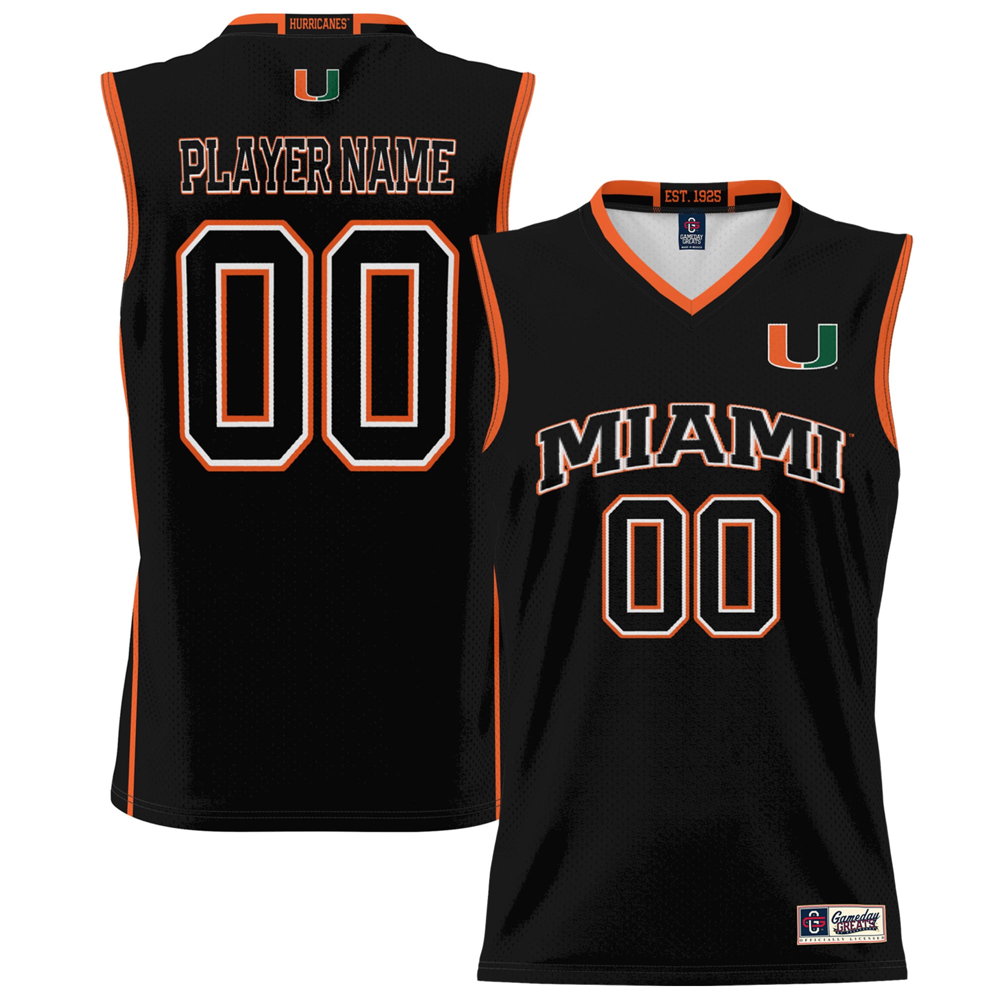 Miami Hurricanes Unisex Lightweight Men's Basketball Jersey Black - front and back view