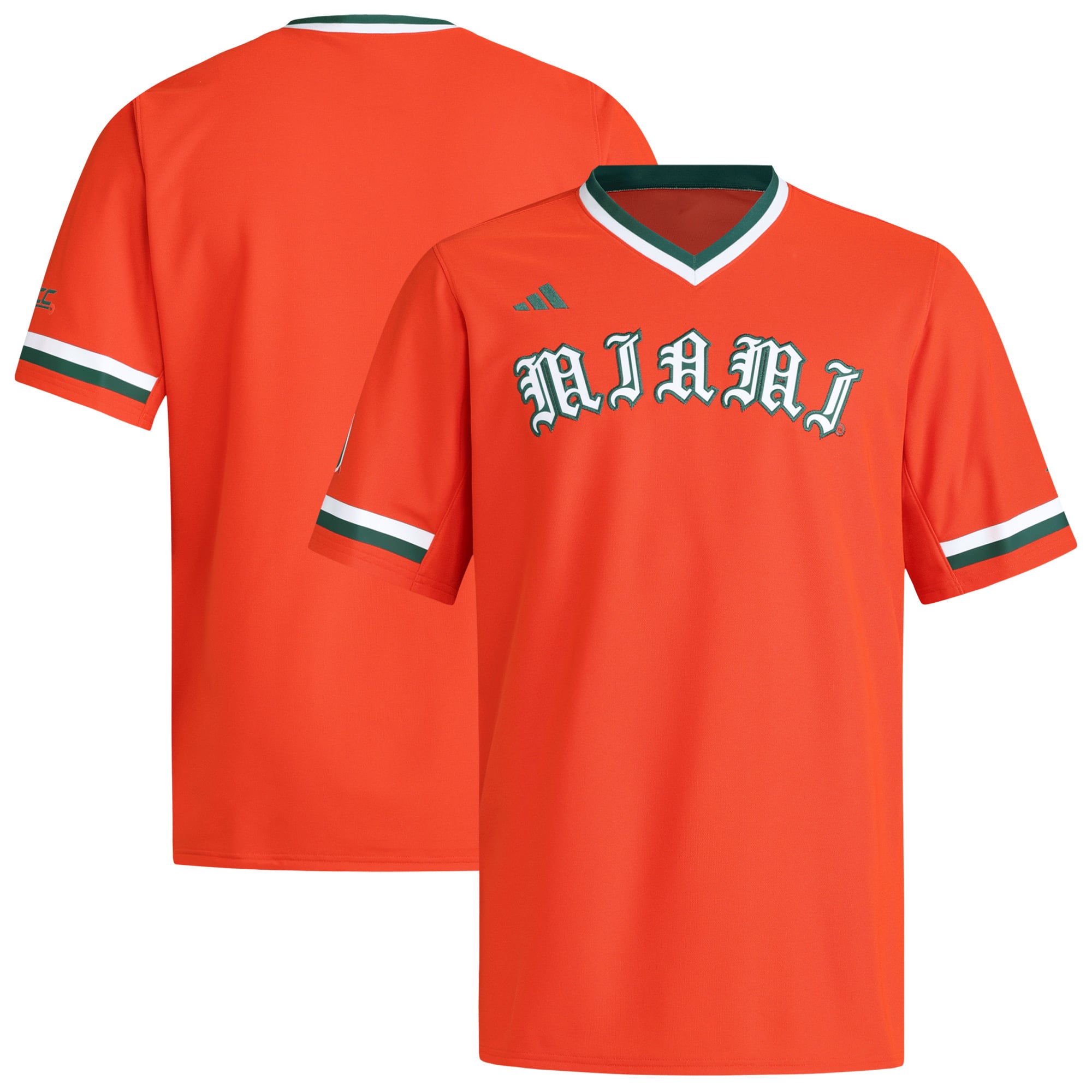 Miami Hurricanes V-Neck Baseball Jersey Orange - front and back view