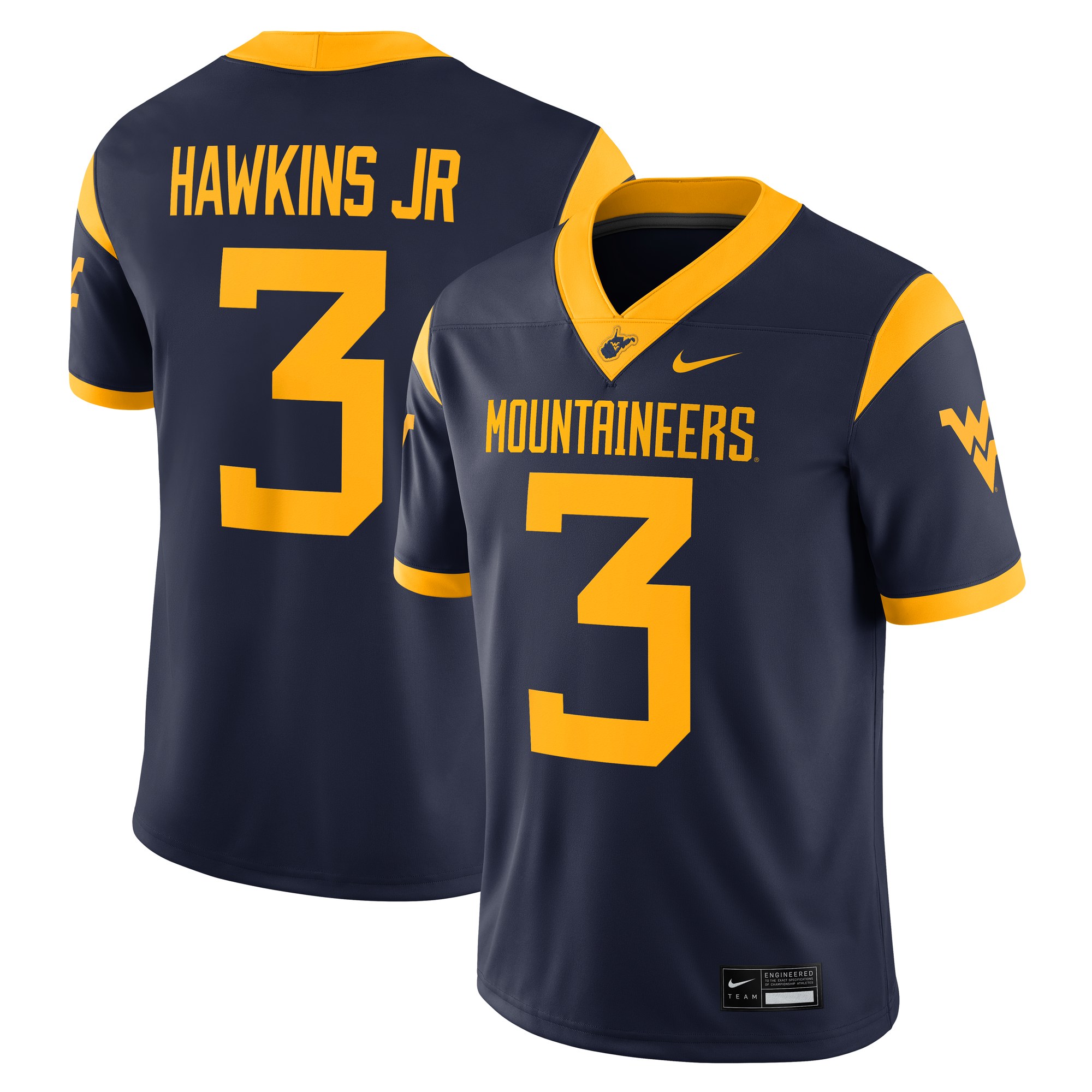 Michael Hawkins Jr. West Virginia Mountaineers Football Jersey Navy - front and back view
