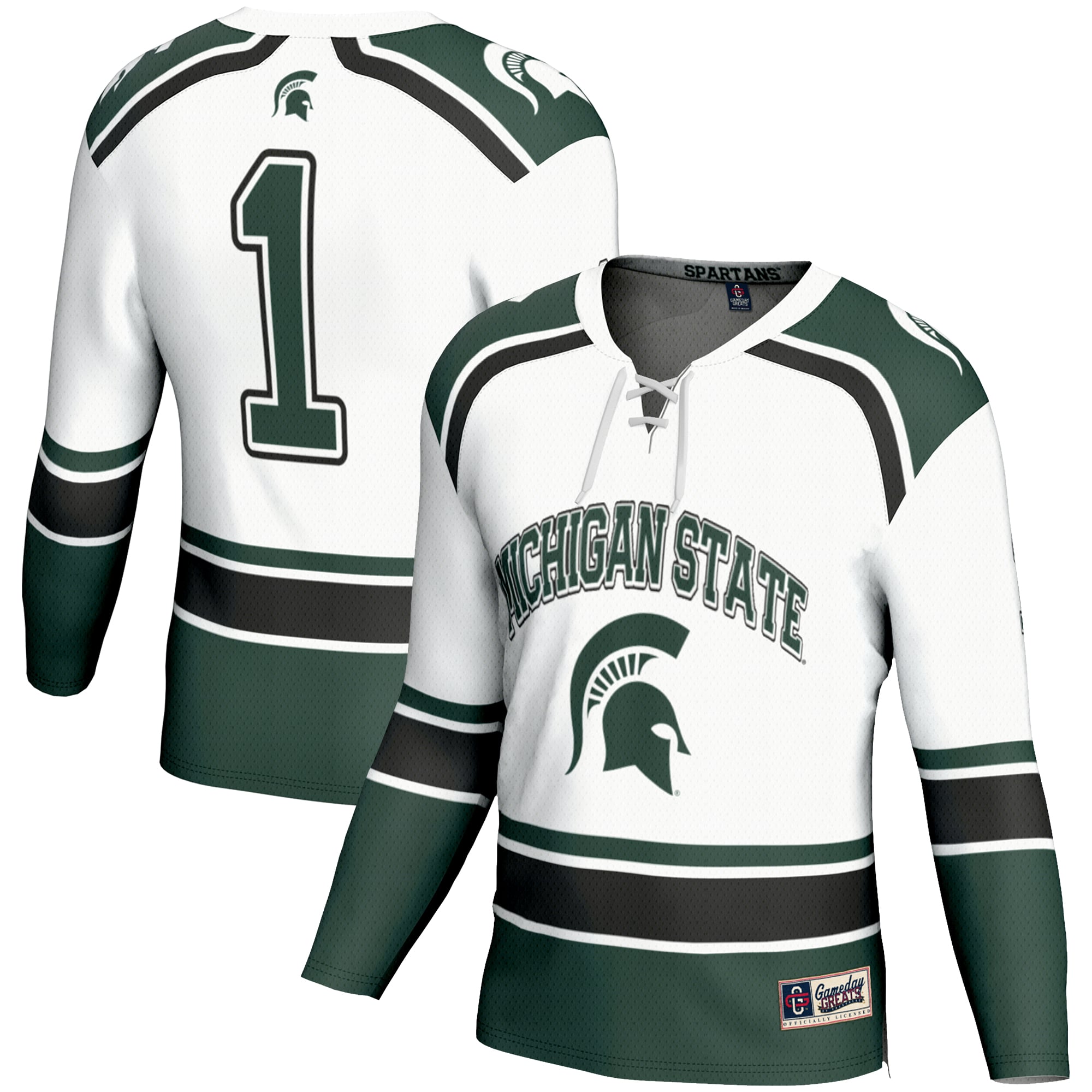 #1 Michigan State Spartans Hockey Jersey White - front and back view