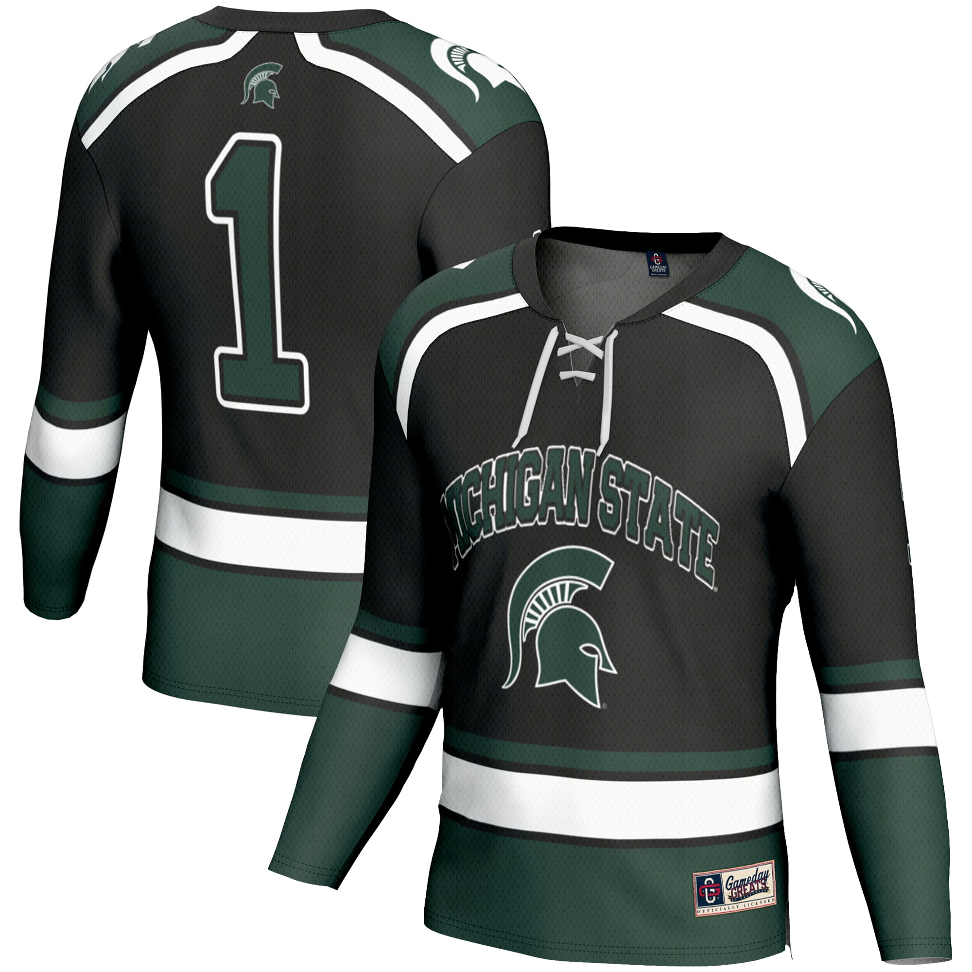 #1 Michigan State Spartans Youth Hockey Jersey Black - front and back view