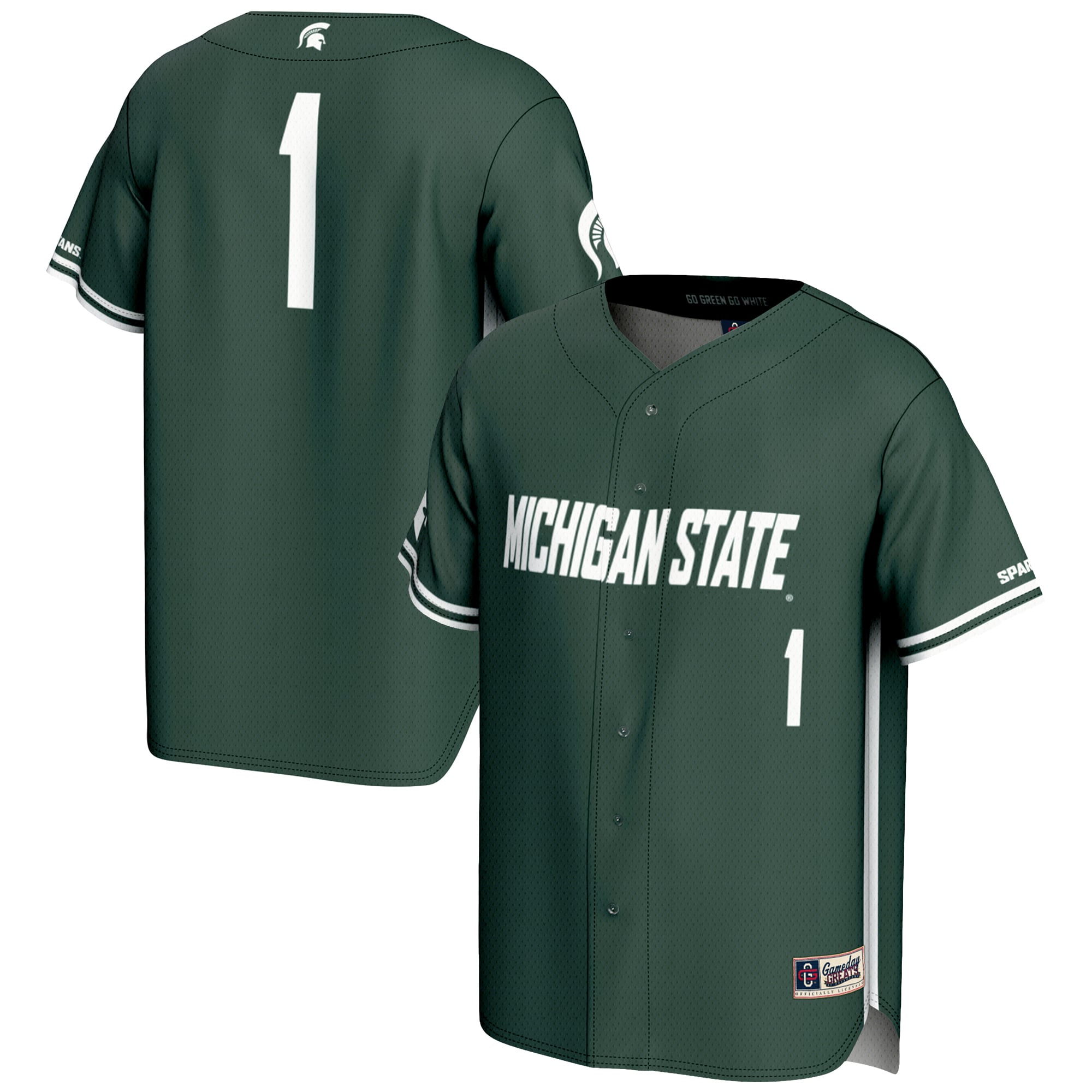 #1 Michigan State Spartans Youth Lightweight Baseball Jersey Green - front and back view
