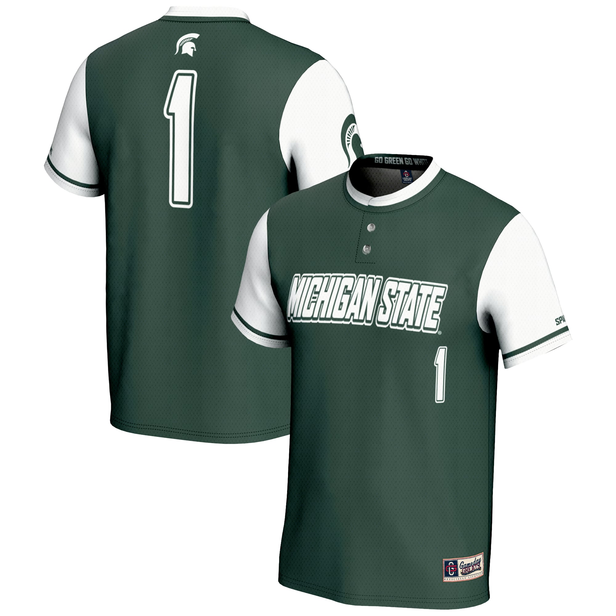 #1 Michigan State Spartans Youth Lightweight Softball Jersey Green - front and back view