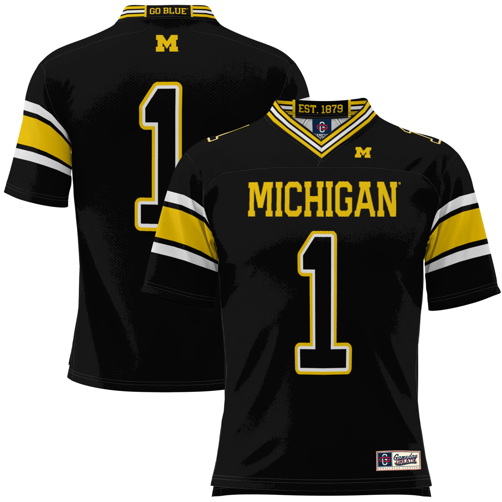 #1 Michigan Wolverines Youth Football Jersey Black - front and back view