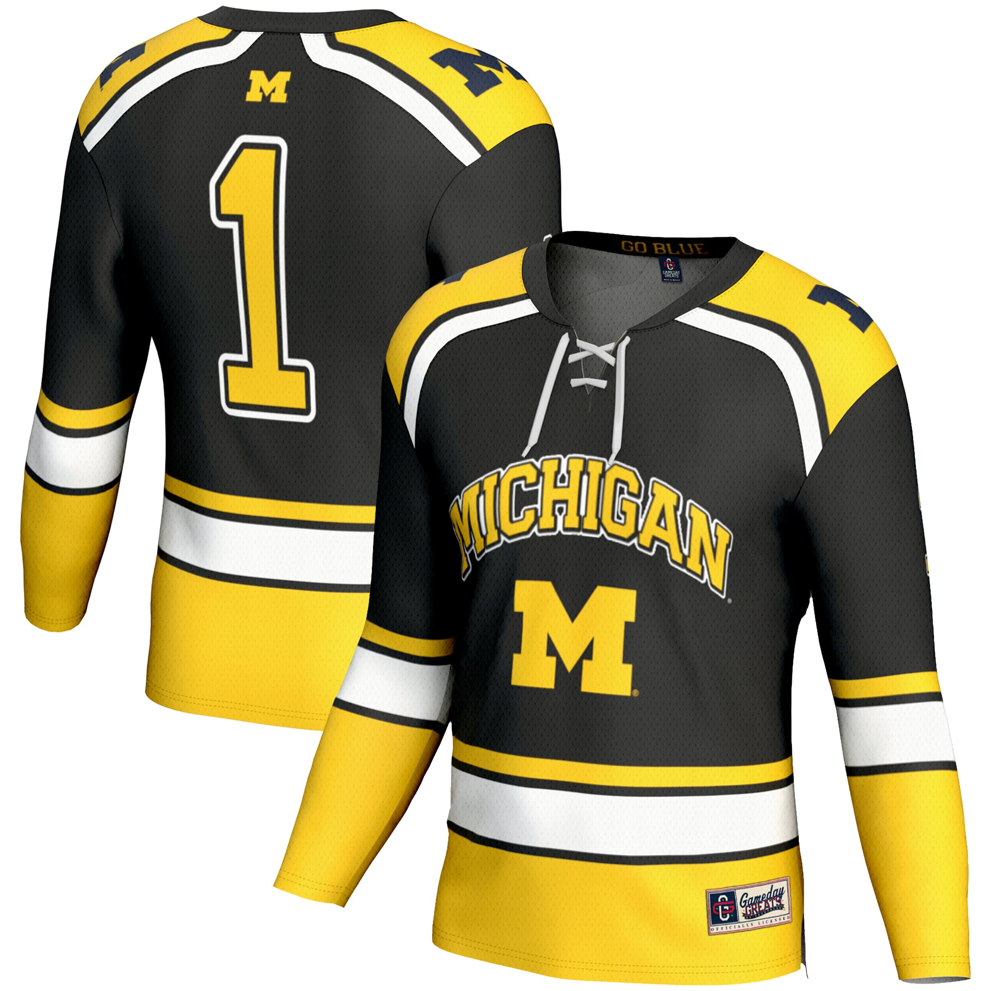 #1 Michigan Wolverines Hockey Jersey Black - front and back view