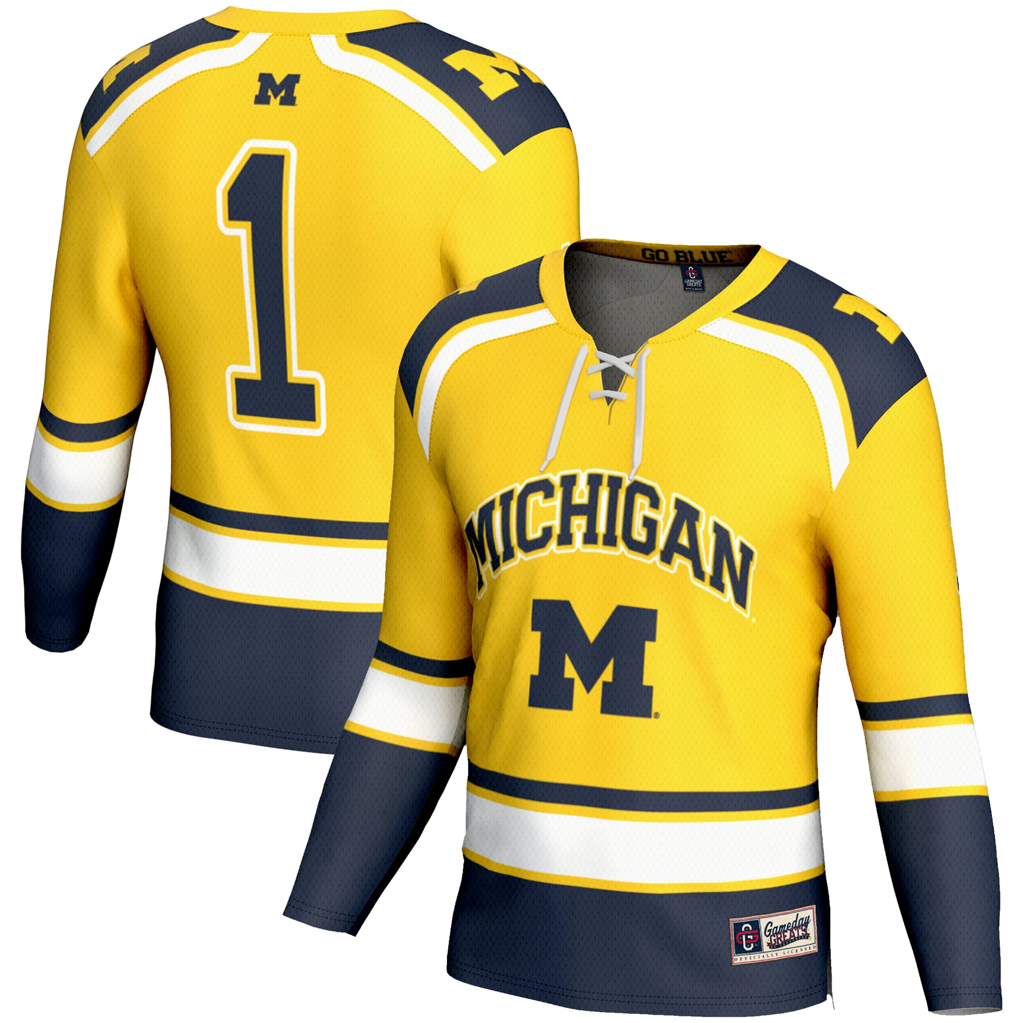 #1 Michigan Wolverines Hockey Jersey Maize - front and back view