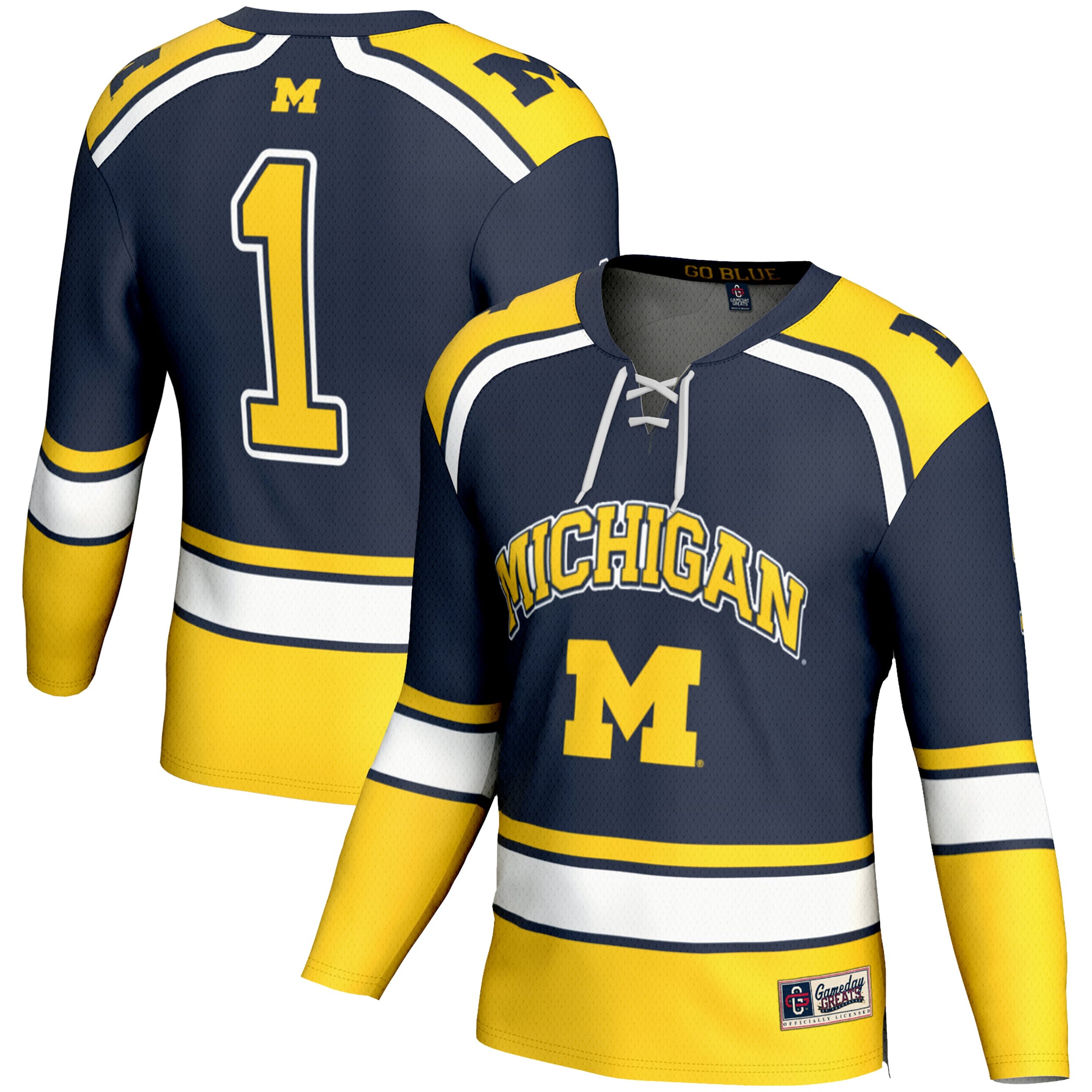 #1 Michigan Wolverines Hockey Jersey Navy - front and back view