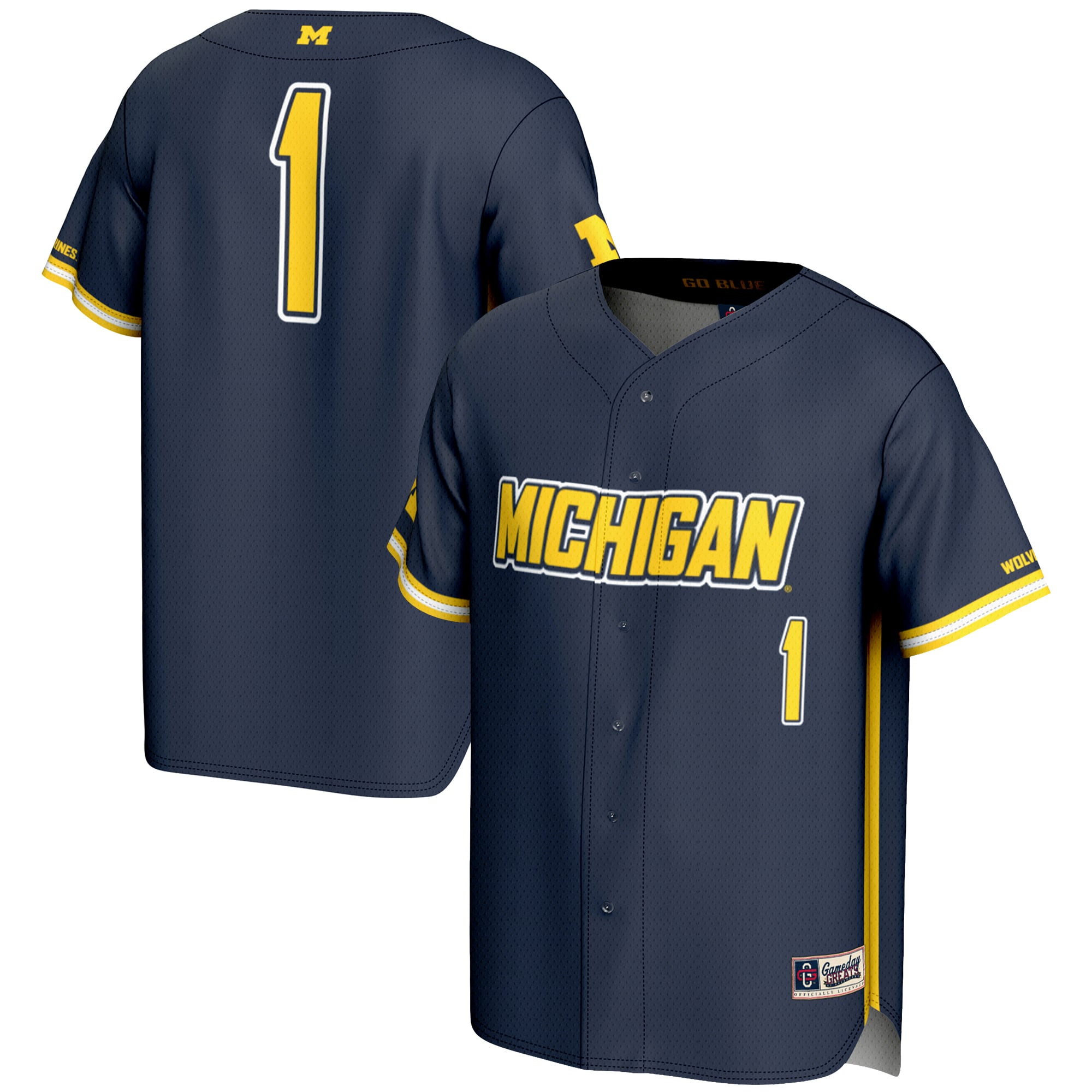 #1 Michigan Wolverines Lightweight Baseball Fashion Jersey Navy - front and back view