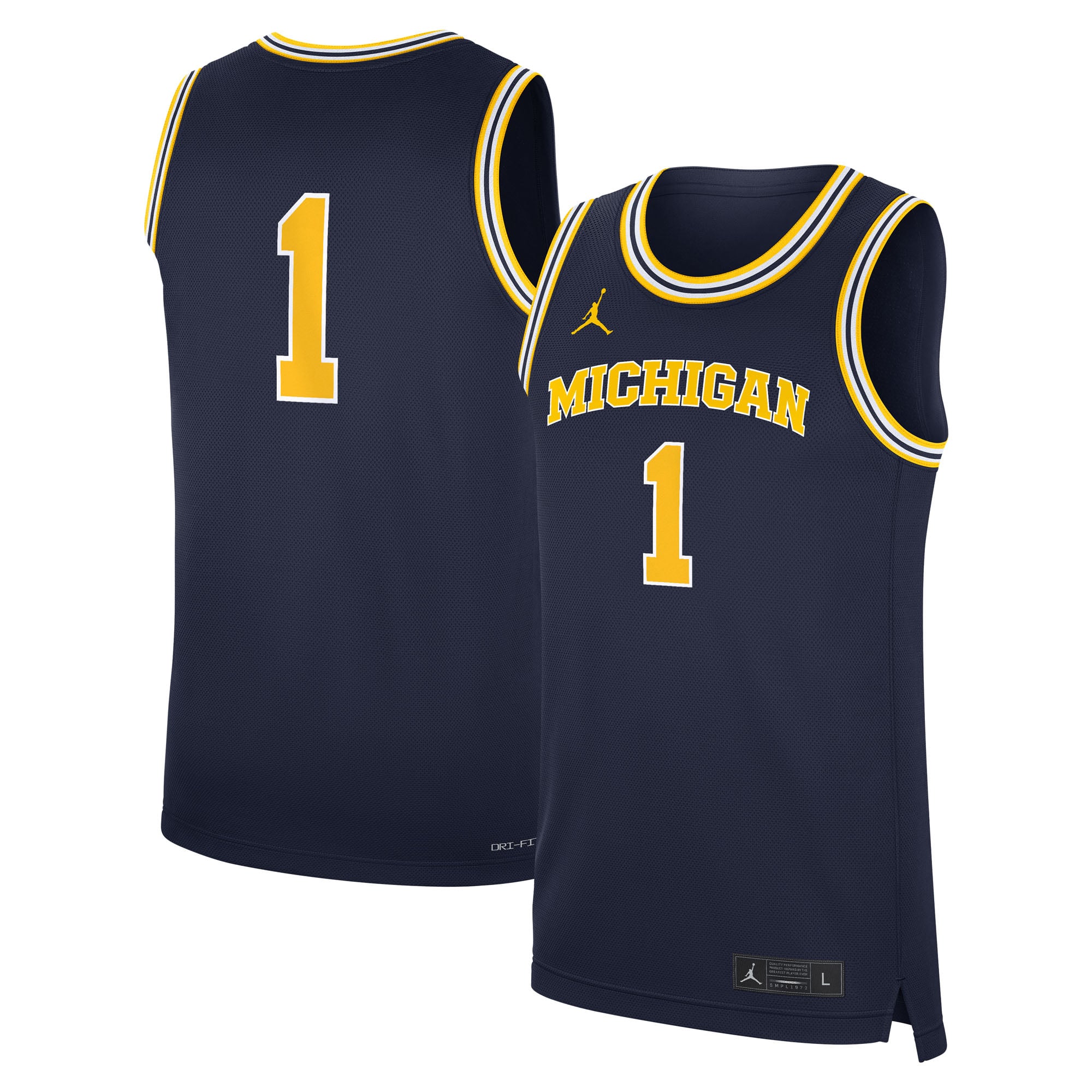 Michigan Wolverines Road Basketball Jersey Navy - front and back view