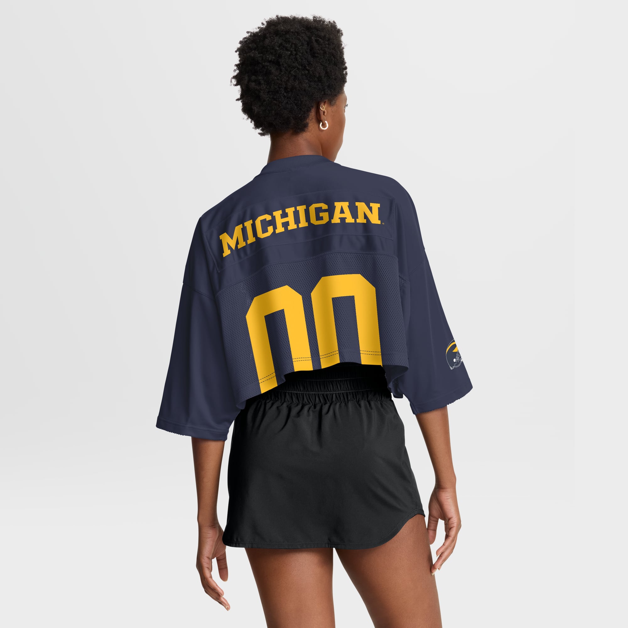 Michigan Wolverines Women's Cropped Mesh Fashion Jersey Navy - model back view