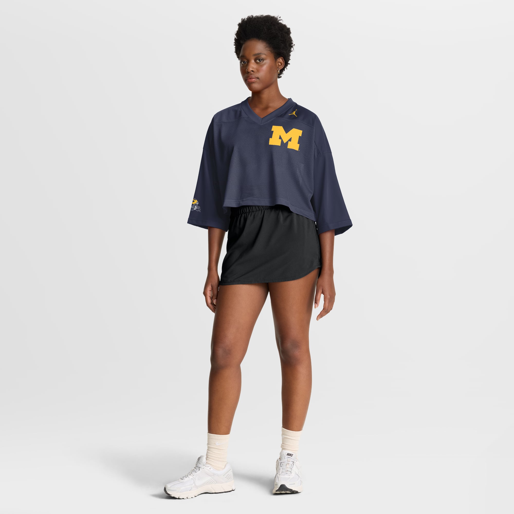 Michigan Wolverines Women's Cropped Mesh Fashion Jersey Navy - model side view