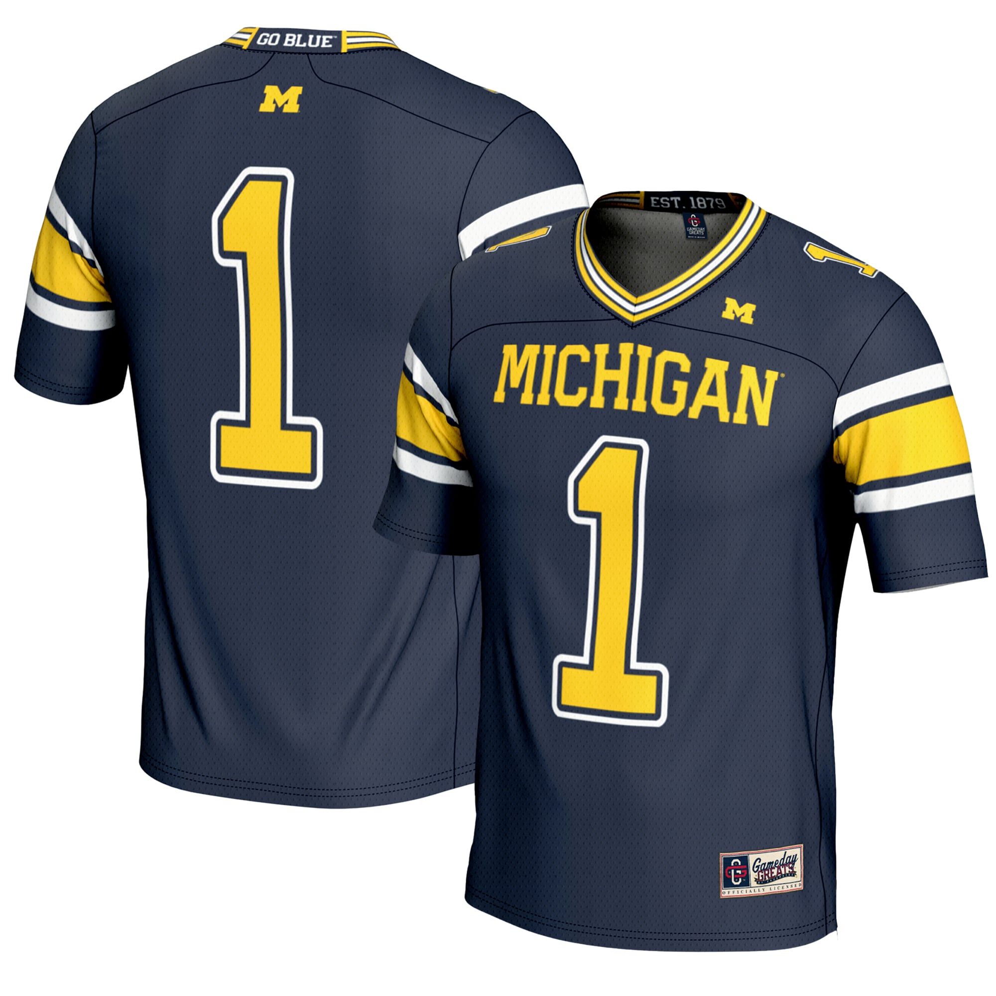#1 Michigan Wolverines Youth Football Jersey Navy - front and back view