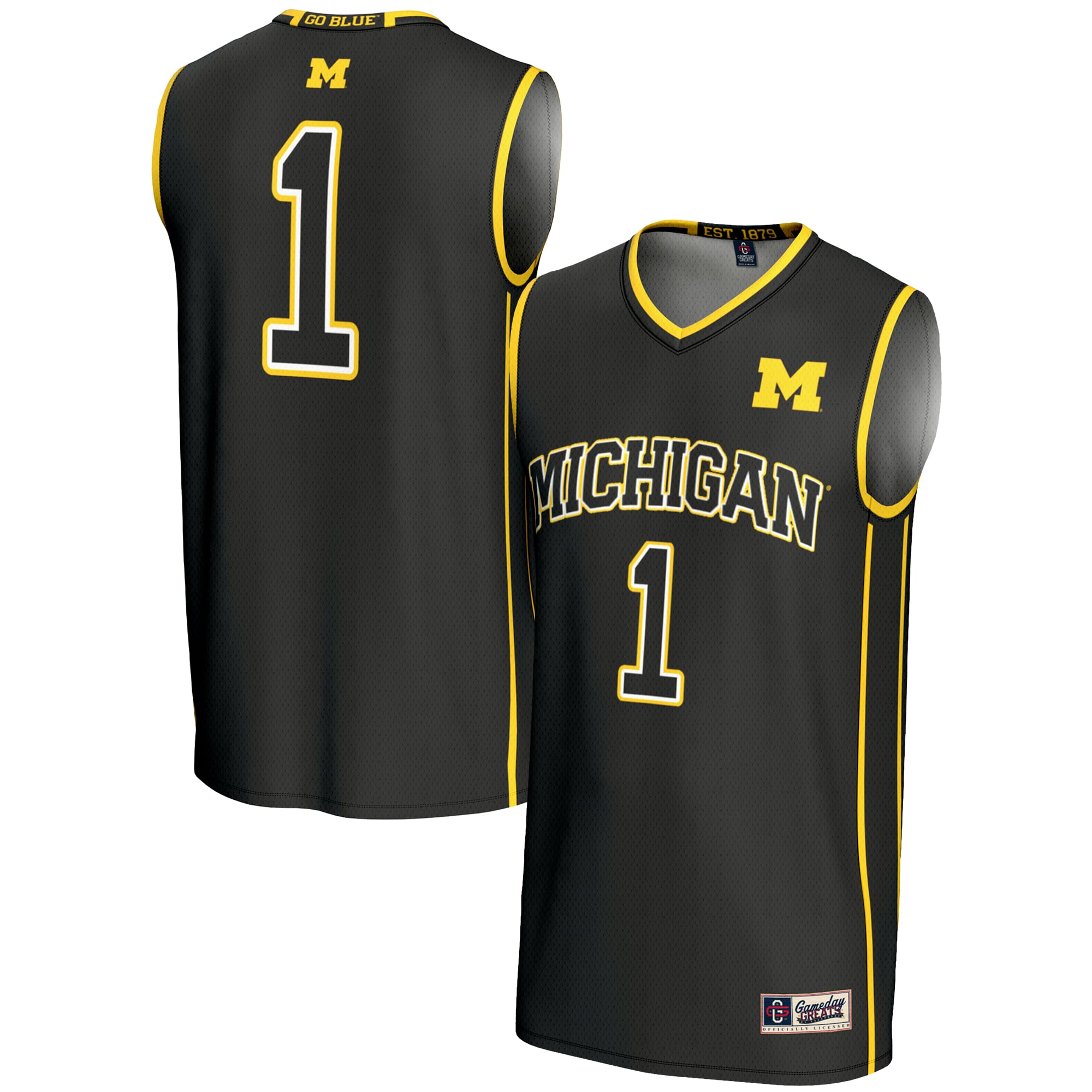 #1 Michigan Wolverines Youth Lightweight Basketball Jersey Black - front and back view