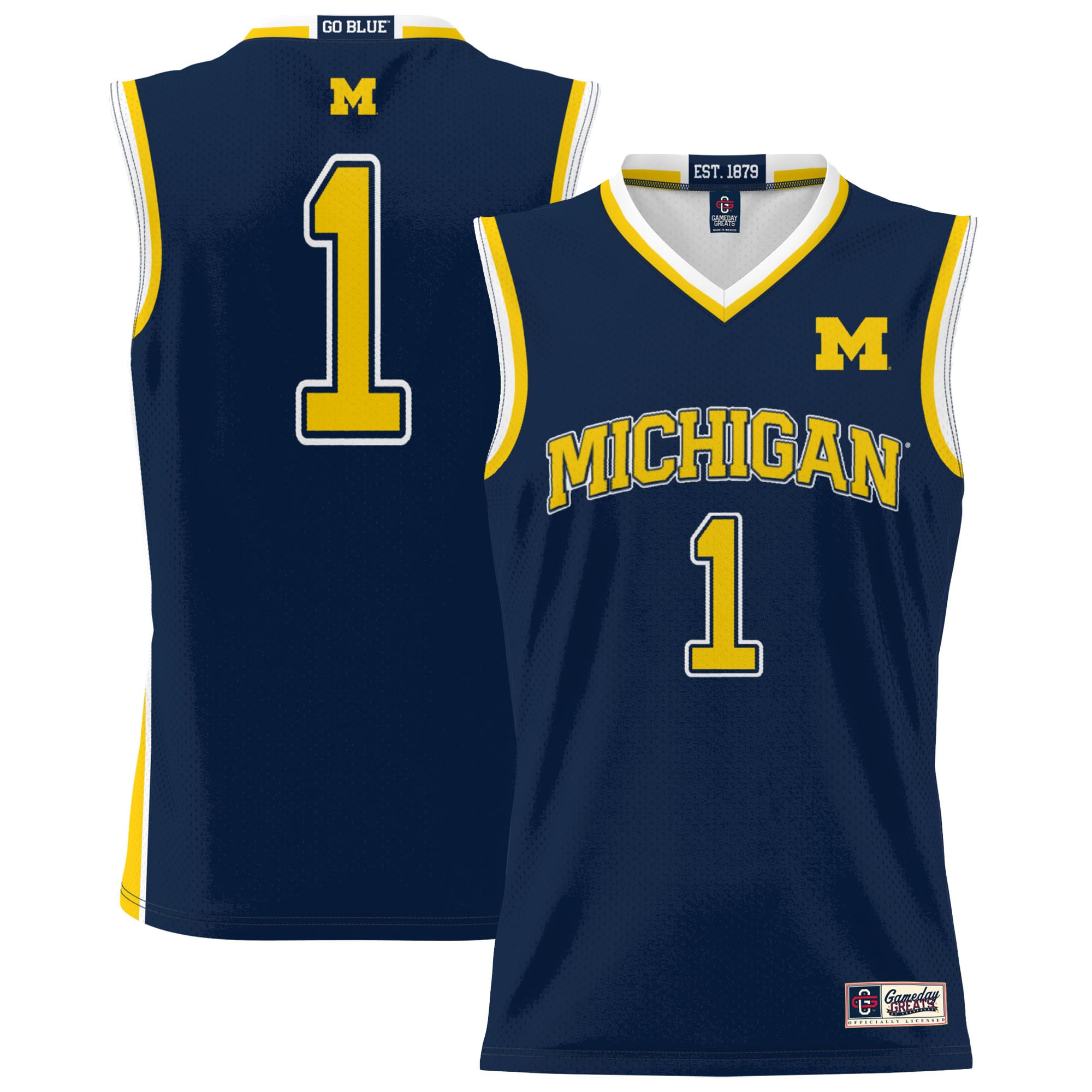 #1 Michigan Wolverines Youth Lightweight Basketball Jersey Navy - front and back view