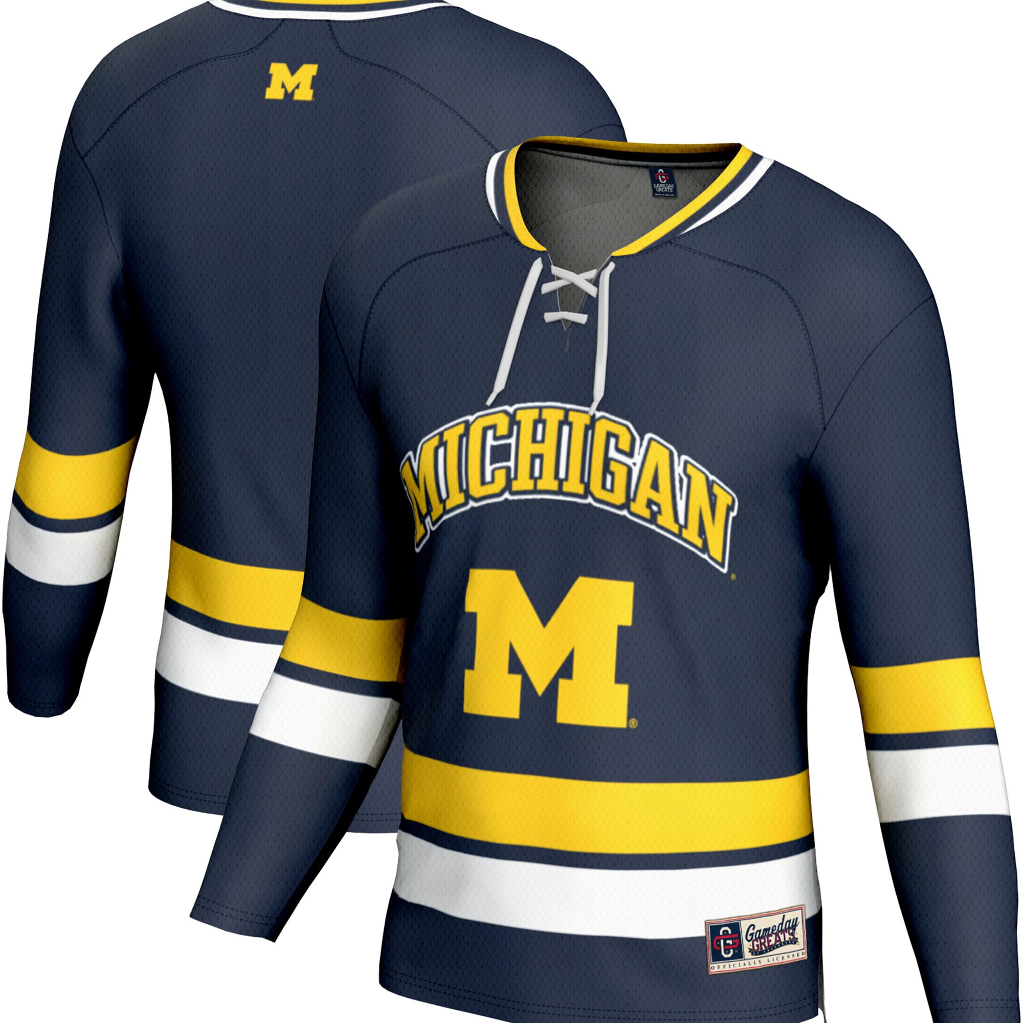 Michigan Wolverines Youth Spirit Hockey Jersey Navy - front and back view