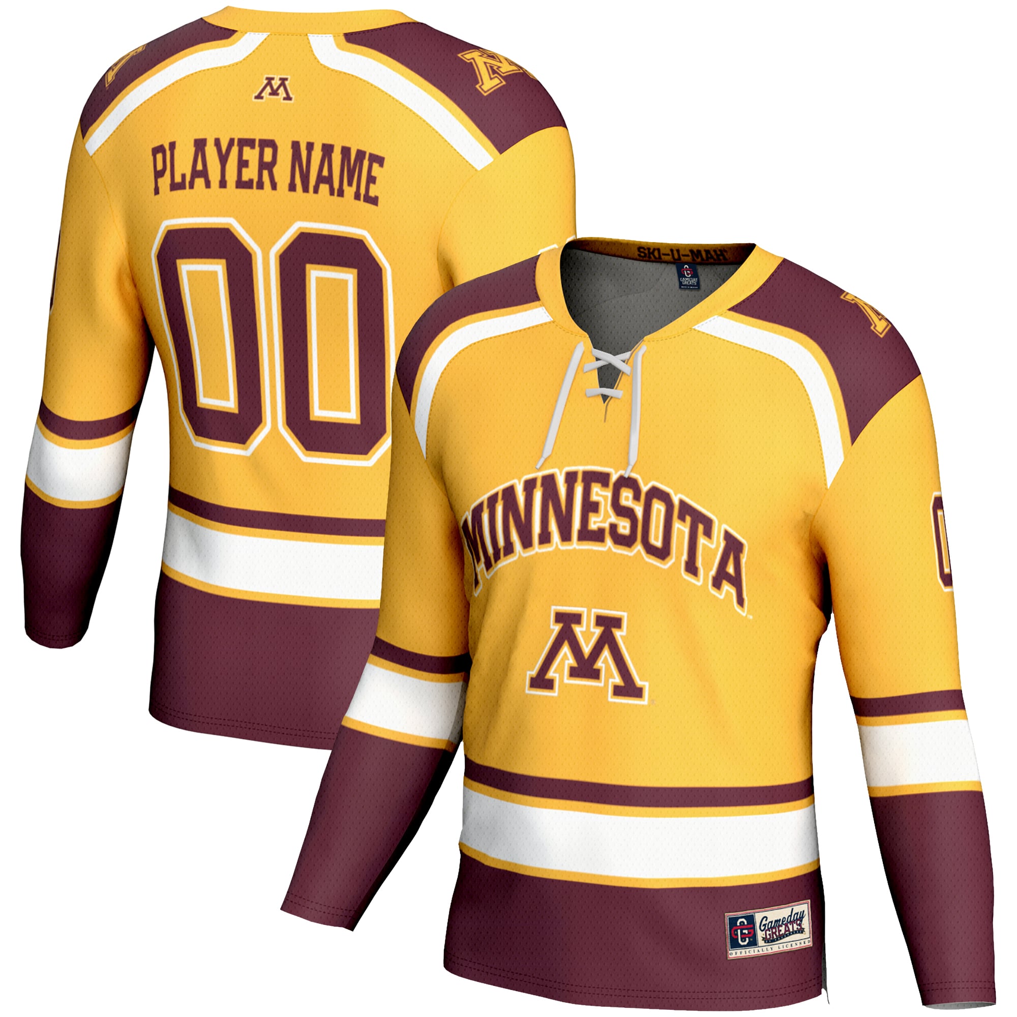 Minnesota Golden Gophers Hockey Jersey Gold - front and back view