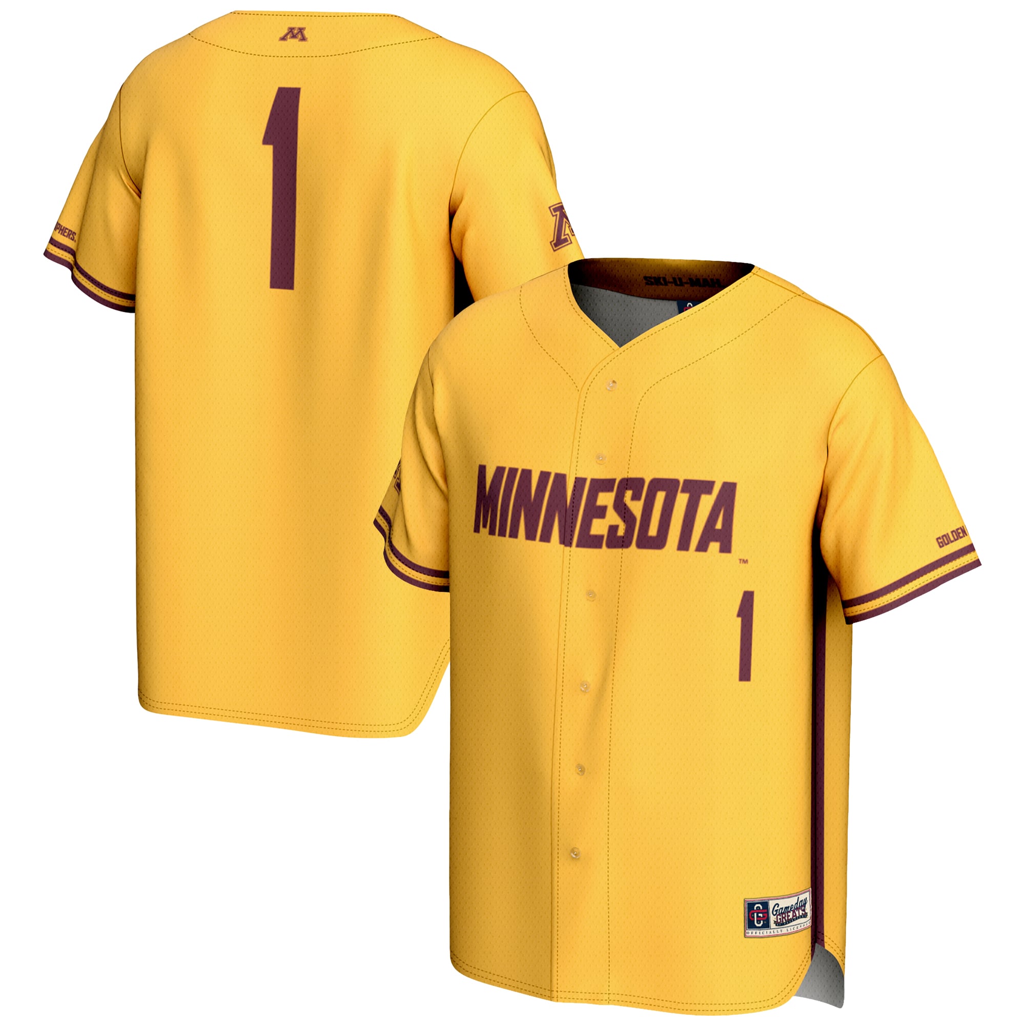 #1 Minnesota Golden Gophers Lightweight Baseball Jersey Gold - front and back view