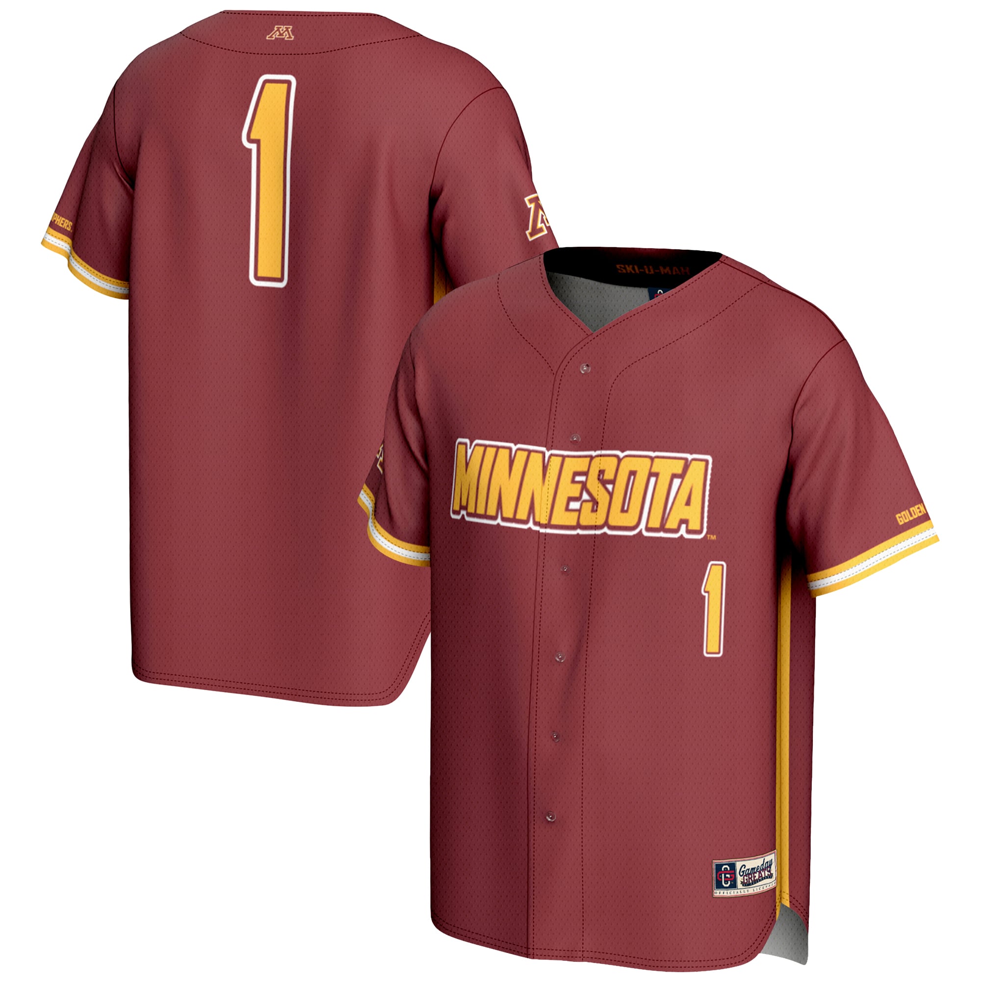 #1 Minnesota Golden Gophers Lightweight Baseball Jersey Maroon - front and back view