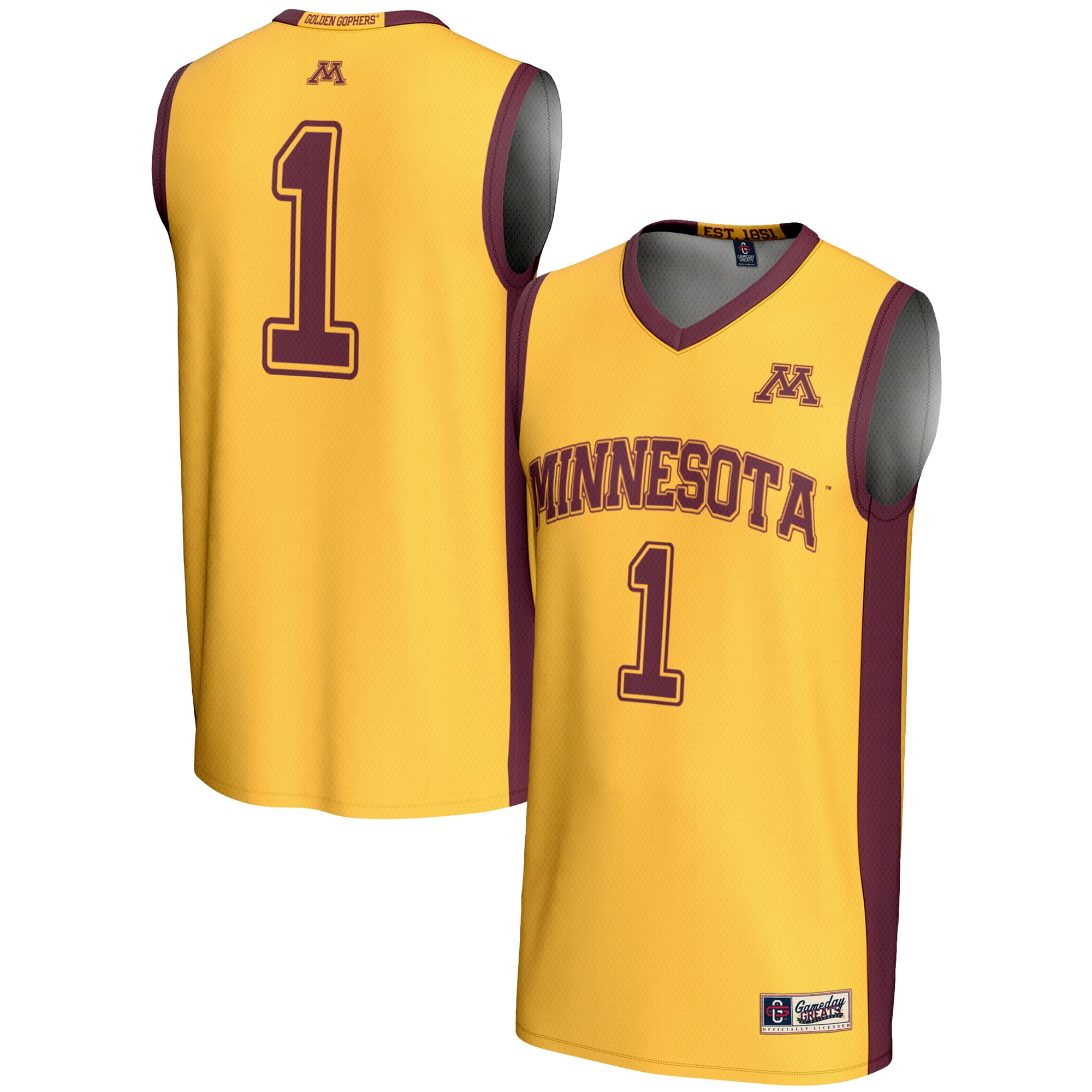 #1 Minnesota Golden Gophers Unisex Lightweight Basketball Jersey Gold - front and back view